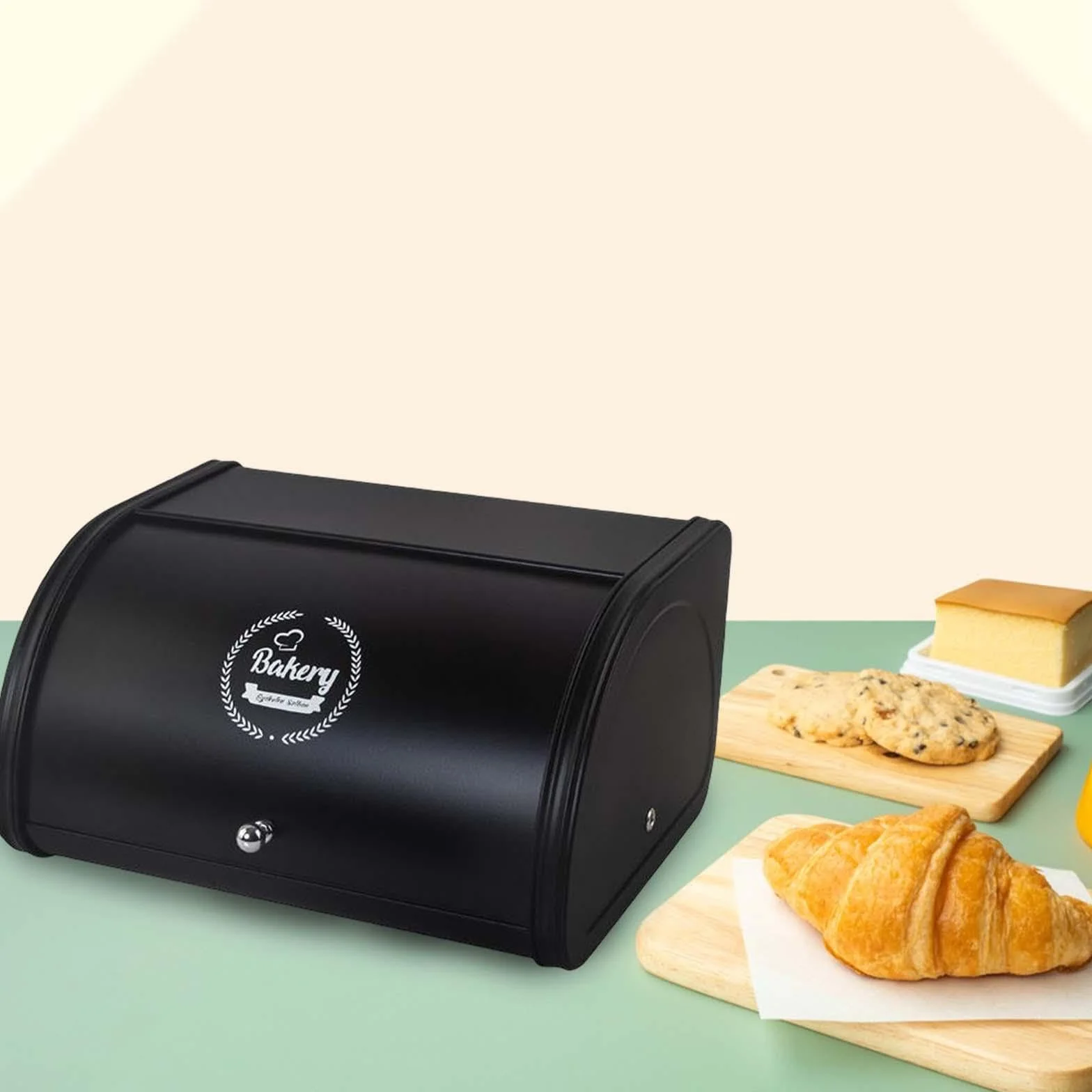 Contenedor de pan elegante de metal con tapa enrollable. Ideal para organizar la encimera de la cocina y para repostería en casa. Caja de metal con, Negro, 315 x 255 x 170 mm