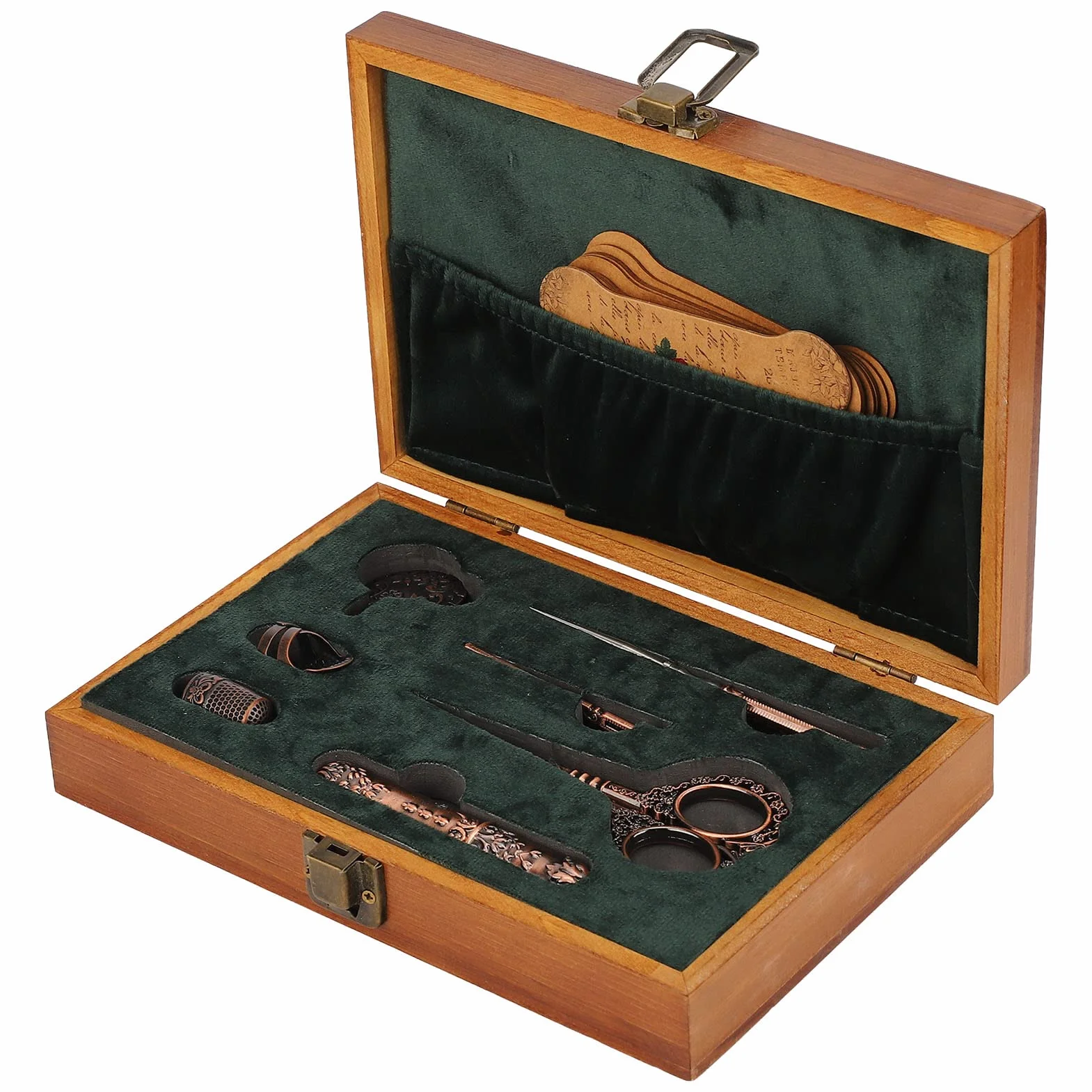 Juego de tijeras de bordado vintage, kit de tijeras de costura de acero inoxidable, caja de costura retro de madera con herramientas de bordado multifuncionales para coser, tejer y (Bronce)