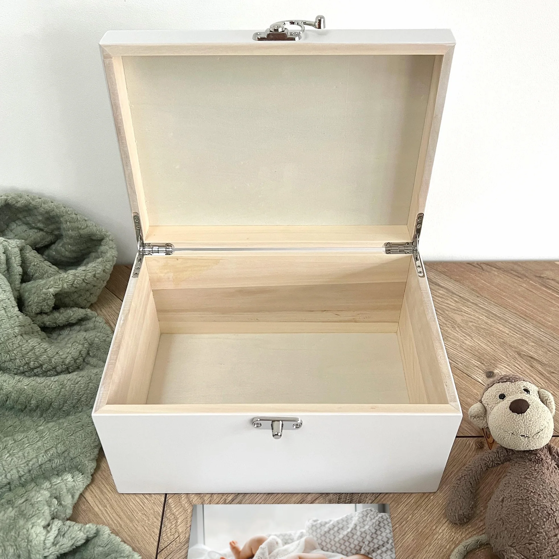 Caja de recuerdos personalizada de madera blanca con animales de la selva | Baby Shower, nuevo bebé | 27 x 19 x 14 cm