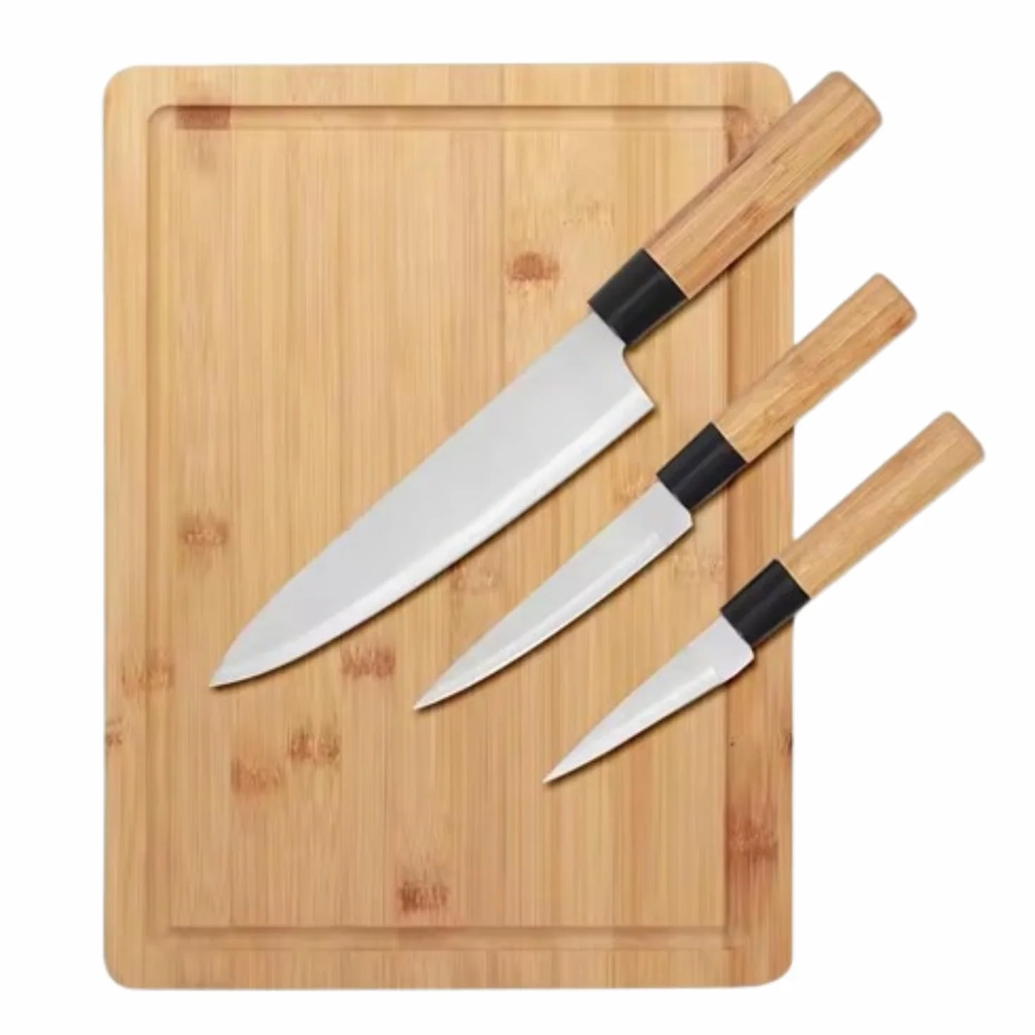 Tabla Cortar Cocina Madera Bambú 35x25x1cm Set 3 Cuchillos Profesional