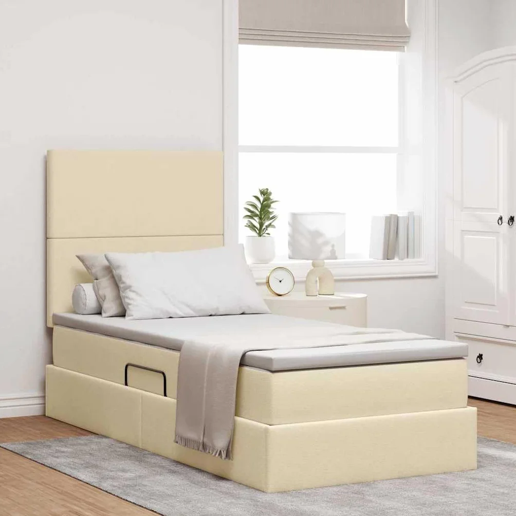 Cama de almacenamiento LED con colchón color crema, 90 x 190 cm, tela de madera, cama de almacenamiento con cabecero ajustable y tira LED para dormitorio, comodidad, estructura de madera