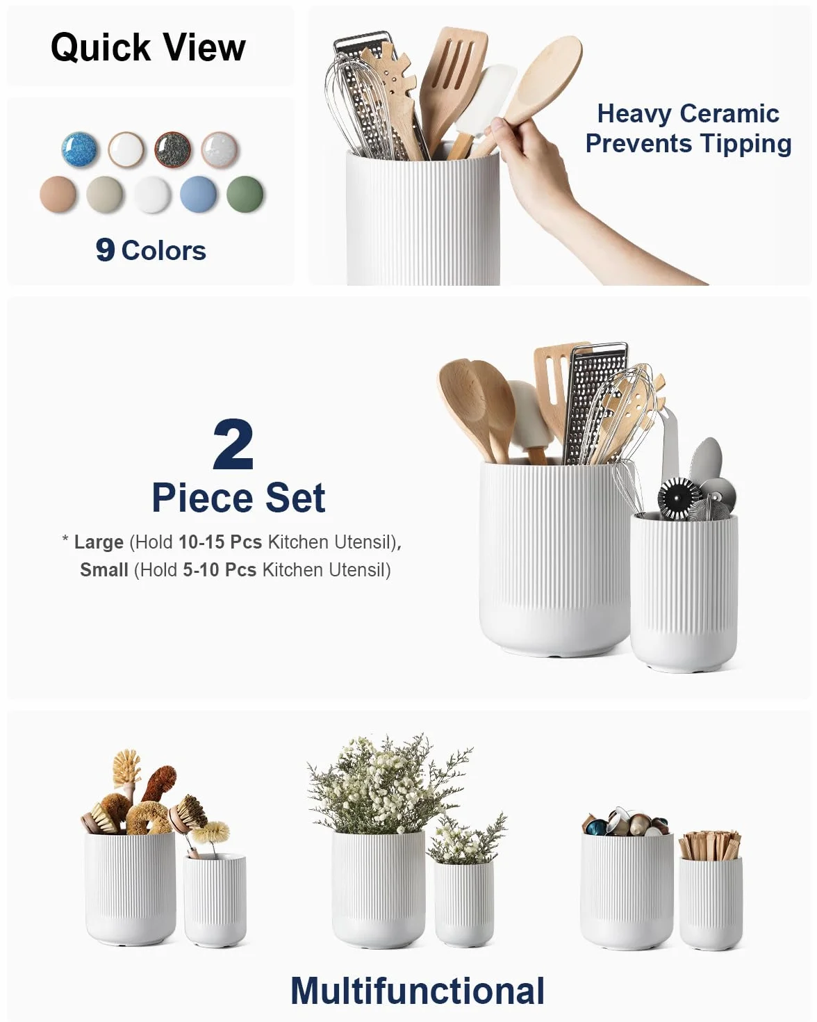 LE TAUCI Portautensilios, 18.5+14cm Cerámica Soporte para Utensilios de Cocina, Grande Botes para Encimera de Cocina, Moderno Organizador para Espátulas, Set de 2, Blanco