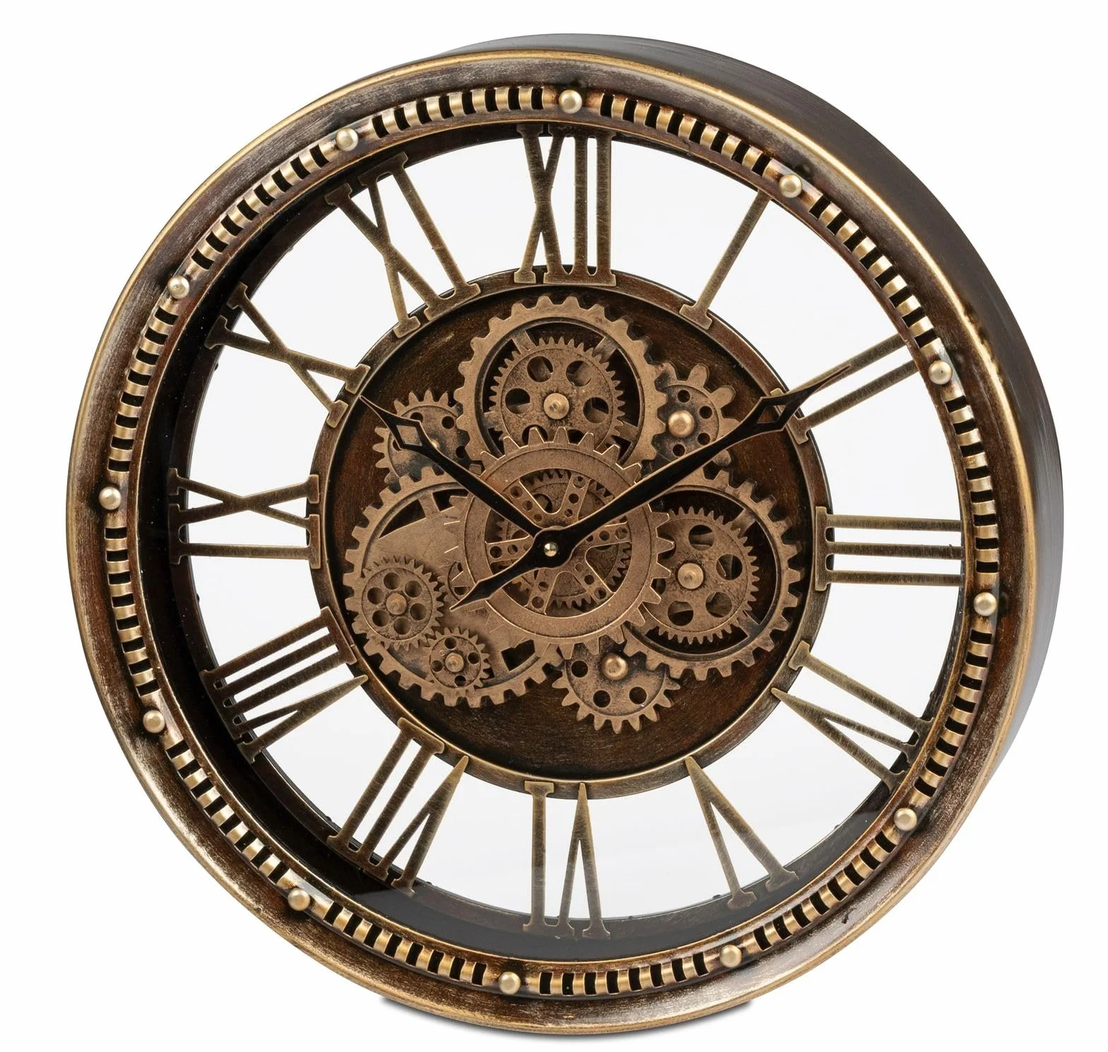 formano Reloj de pared de estilo antiguo, 46 x 46 cm, metal, engranajes giratorios dorados visibles, disco de cristal, diseño vintage, reloj exclusivo para salón y oficina, funciona con pilas