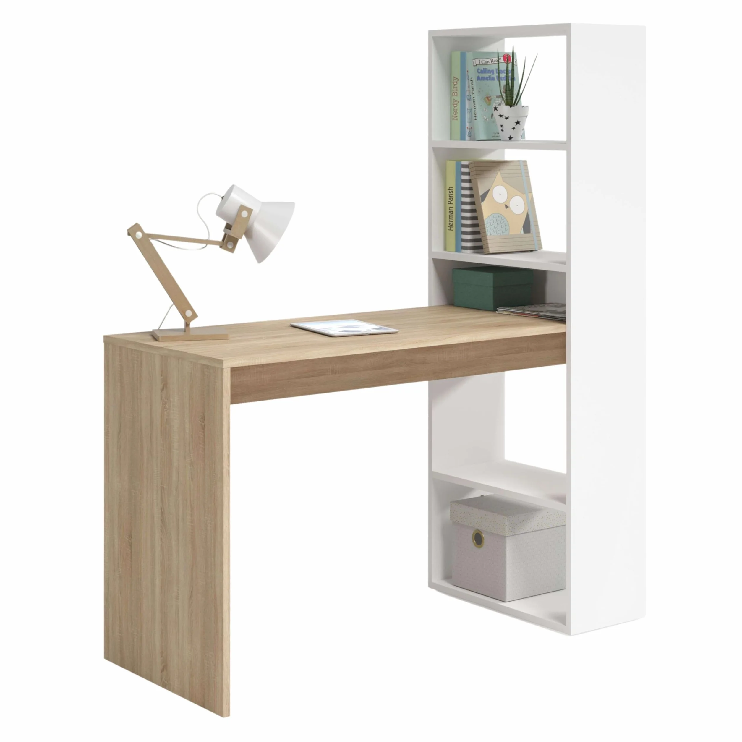 Miroytengo Escritorio Dormitorio Juvenil Duplo con Estantería Estilo Juvenil en Color Blanco Artik y Roble Canadian 120 cm