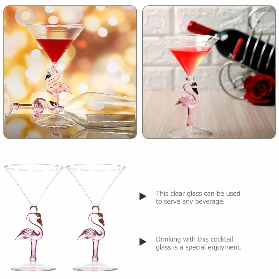 DOITOOL Copas de Cóctel de Vidrio Alimenticio 200 Ml, Diseño Flamenco Rosa, 2 Piezas Resistentes al Desgaste, Ideales para Fiestas, Bares y Uso Doméstico
