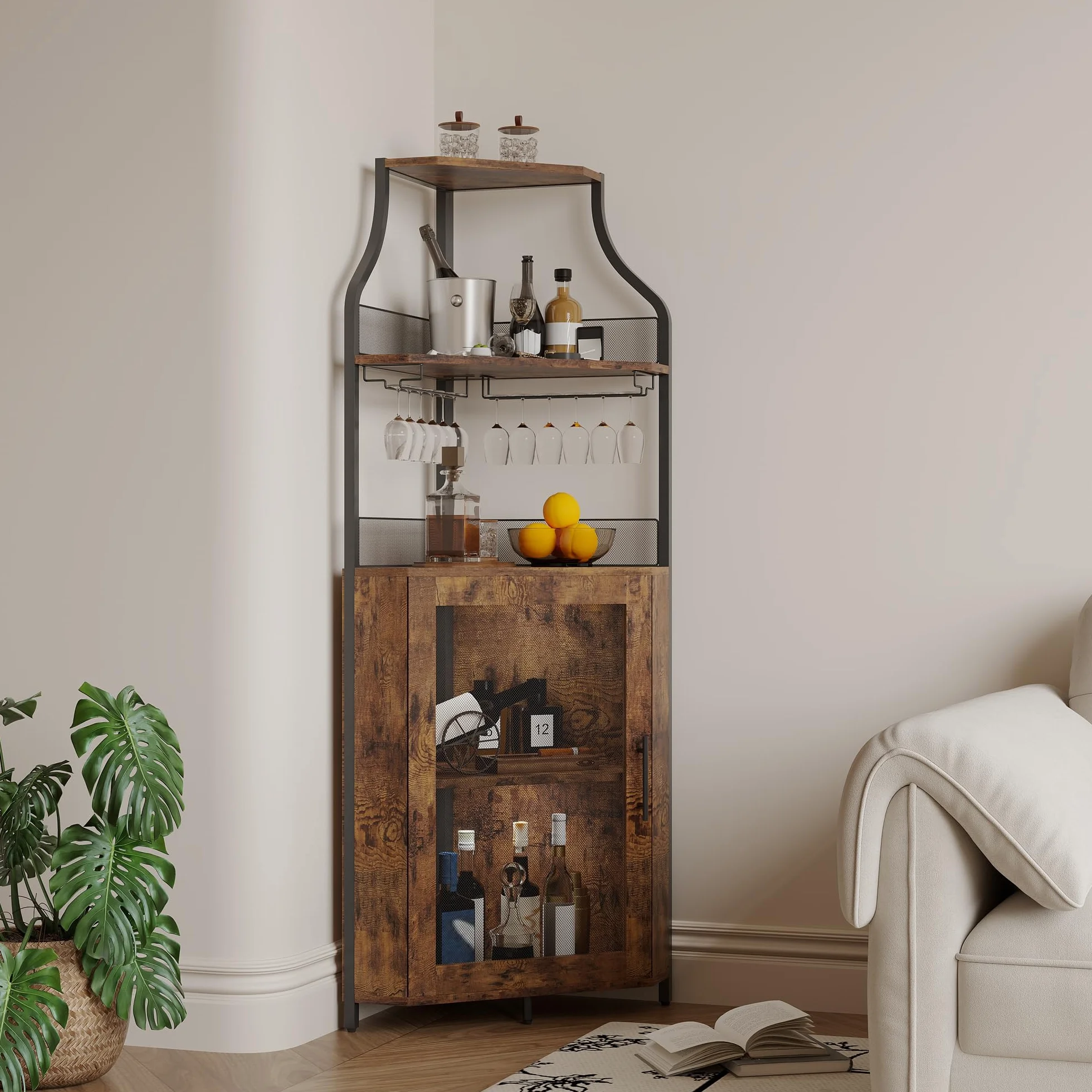 GarveeHome - Mueble esquinero para barra de vino con iluminación LED, 5 pisos ajustables y soporte para vasos integrados, ahorro de espacio de 35 cm para espacios reducidos (estilo loft retro