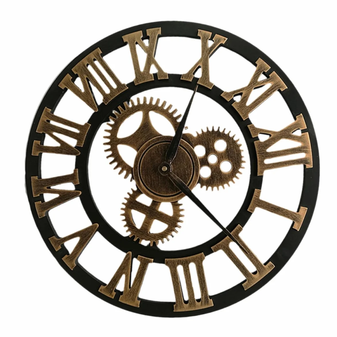 Reloj de Pared Creativo Industrial Mecanismo de Engranajes, Color Dorado, Material Metal y Madera, sin Ruido para Oficina y Sala Moderna