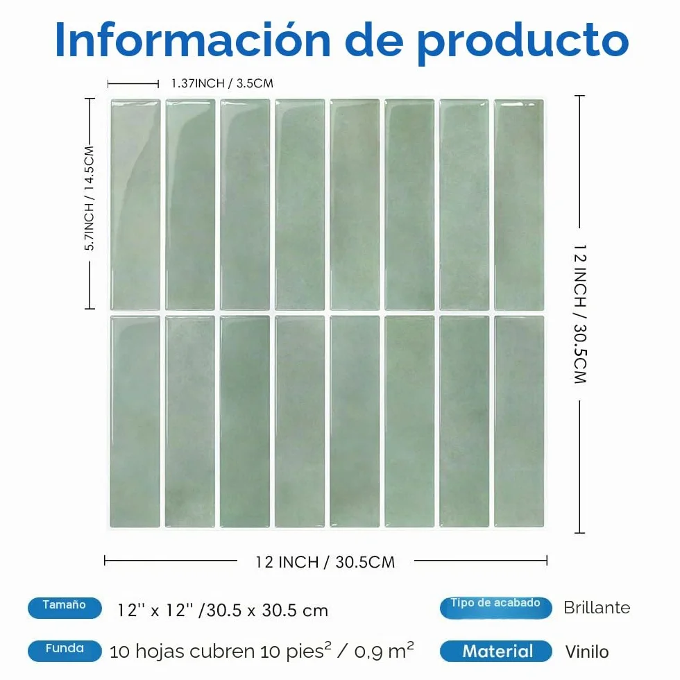 Azulejos Adhesivos Cocina Verde vintage, 10 Piezas 30.5 x 30.5 cm, Azulejos Autoadhesivos 3D, Línea Recta Vertical, Baldosas Adhesivas de Vinilo para Salpicadero en Cocina y Baño, Impermeables