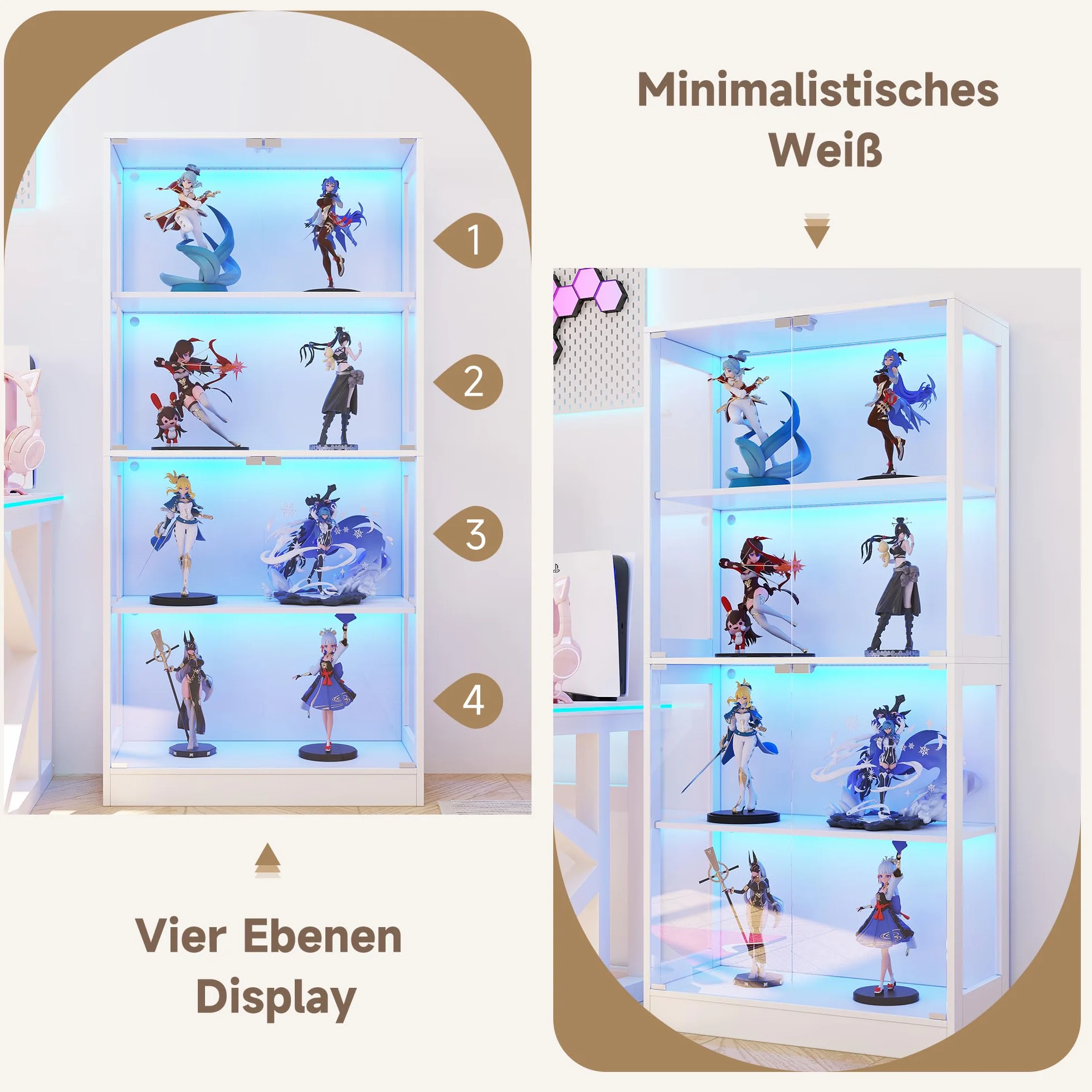 Soweiz Vitrina LED de cristal transparente, 4 niveles de almacenamiento, luz LED controlada por aplicación, puertas push to abiertas, vitrina para figuras y modelos (blanco, 80 x 35 x 170 cm)