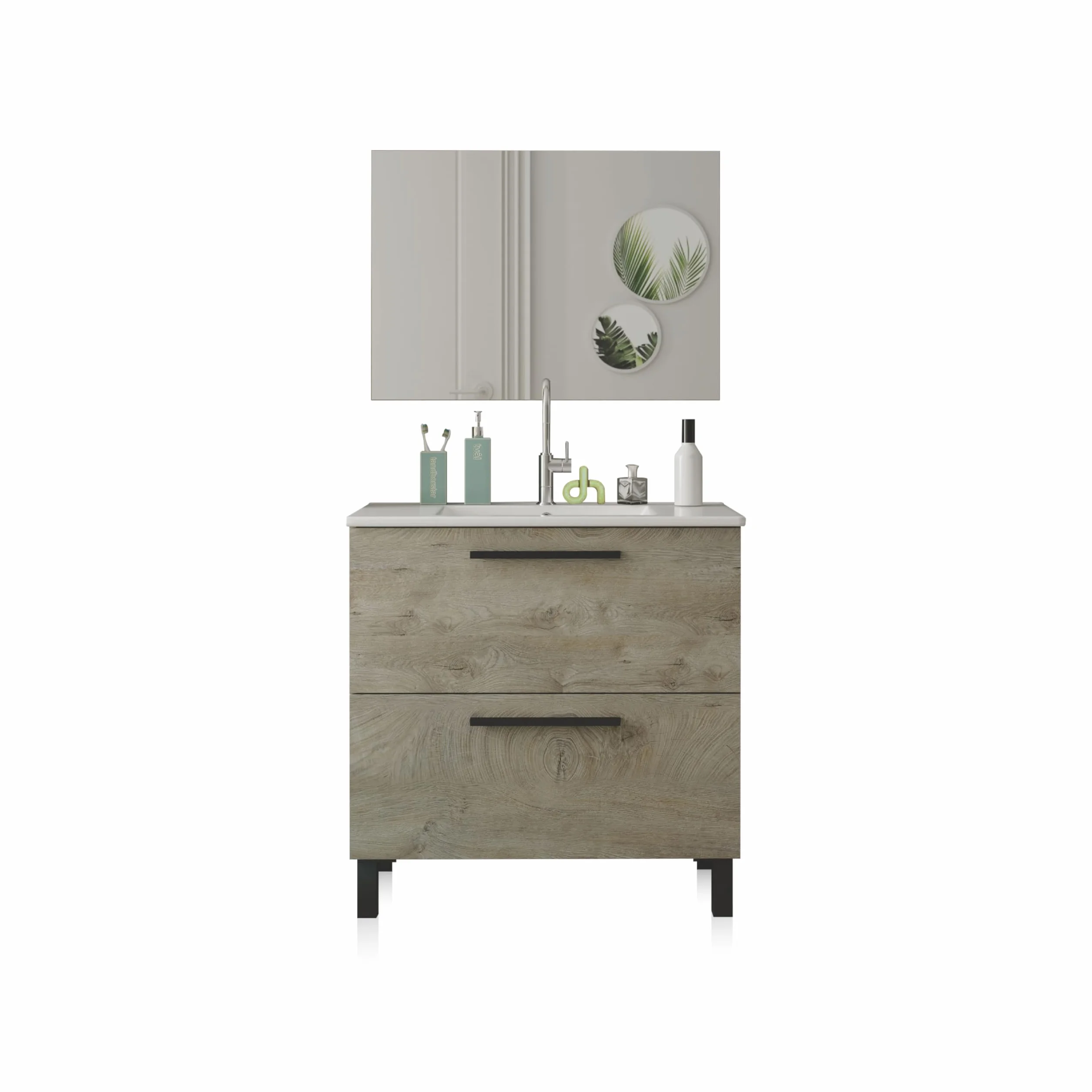 Mueble de Baño Sense 80 cm Roble Alaska con 2 Cajones y Espejo