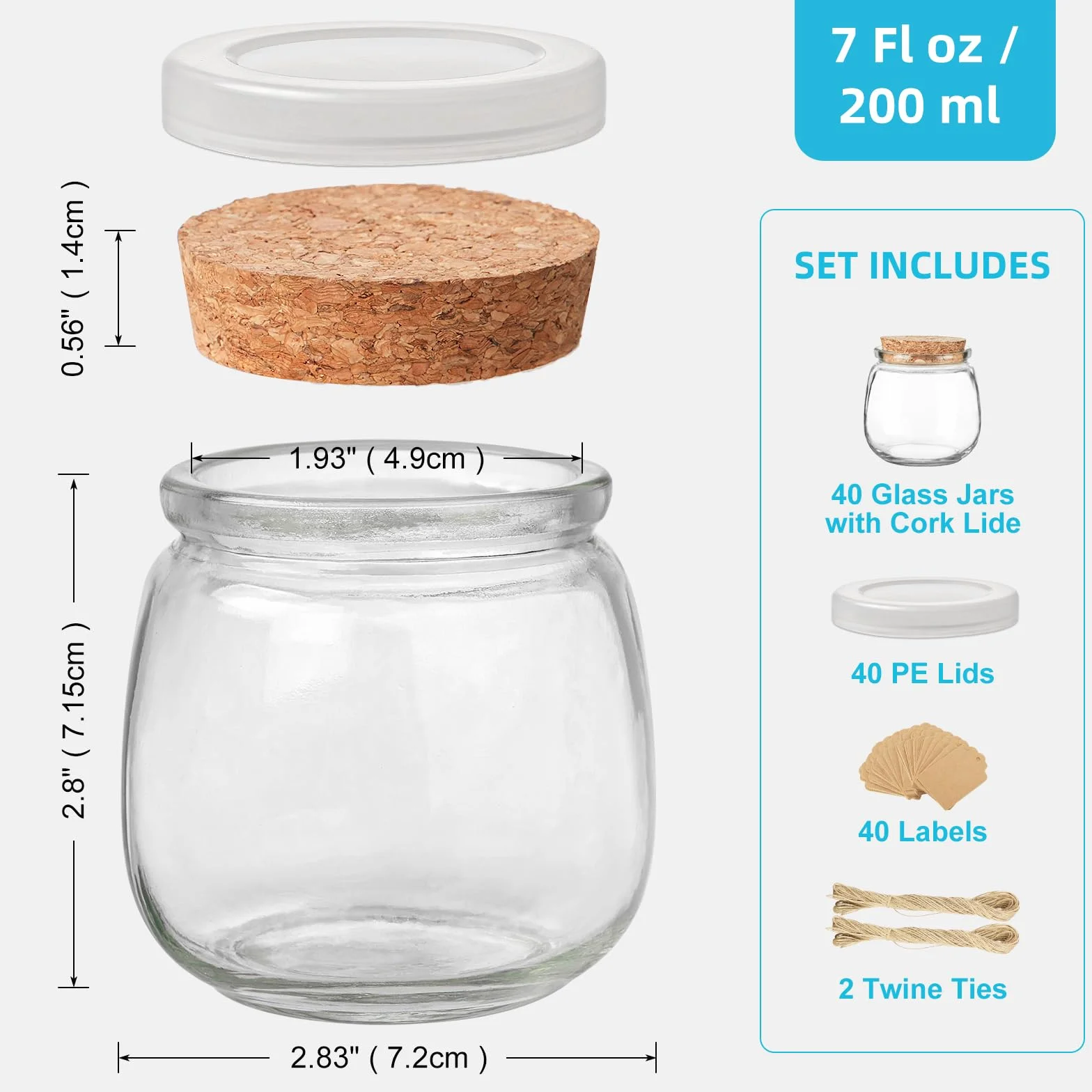 Absovetu Paquete de 40 tarros pequeños de cristal con tapa y etiquetas, 200 ml, para velas, mermeladas, avena, especias, bodas, Navidad, regalos de bricolaje