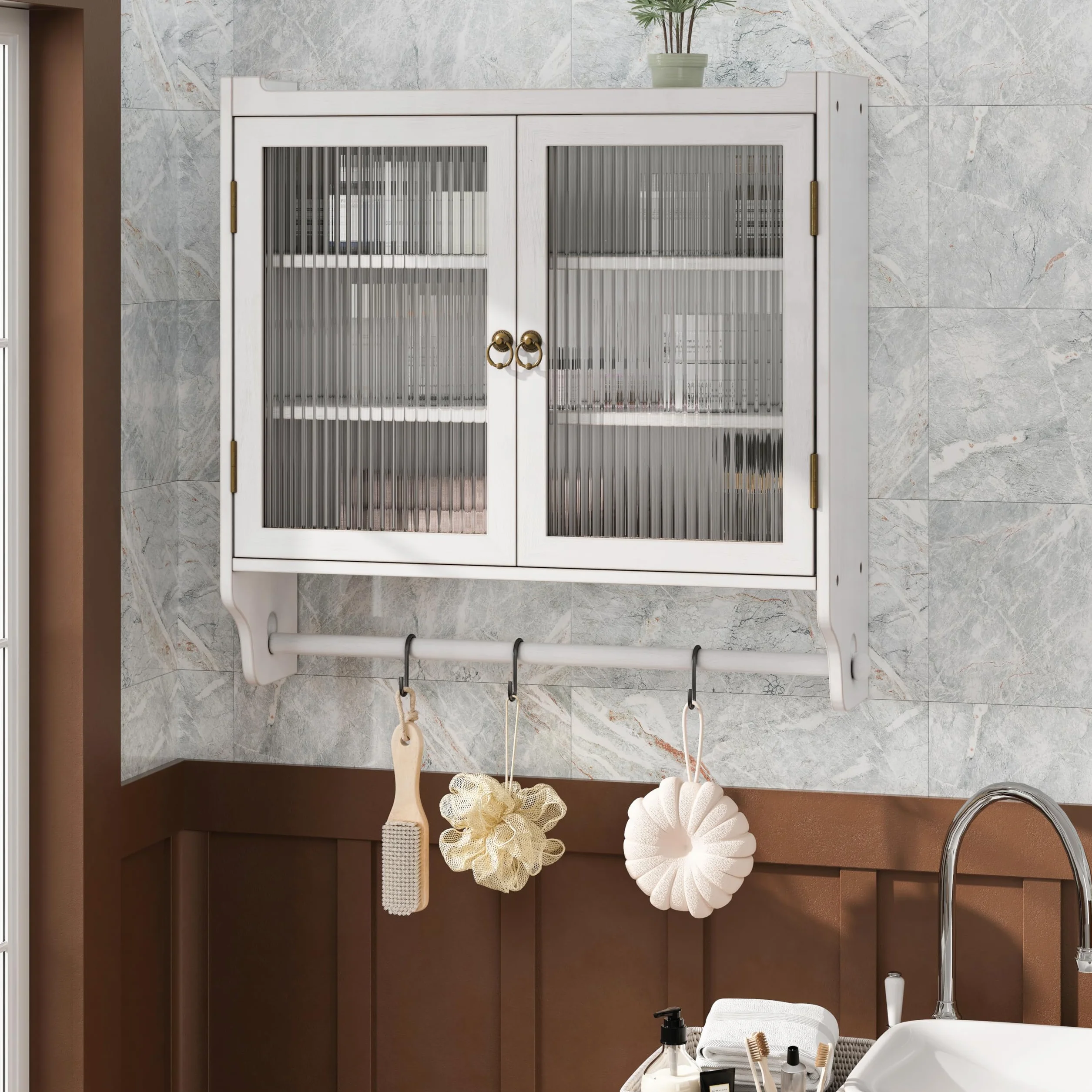 Gabinete de pared vintage de doble puerta de cristal con tres niveles de almacenamiento y estante de toalla, para baño, cocina o sala de comedor, blanco lavado (blanco)