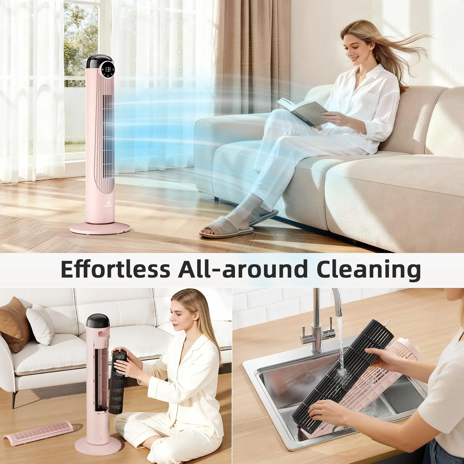 Antarctic Star T36 - Ventilador de torre de 36 pulgadas, ventilador oscilante sin aspas con control remoto, 6 velocidades y 4 modos, visualización LED, temporizador de 9H, ventilador silencioso de pie