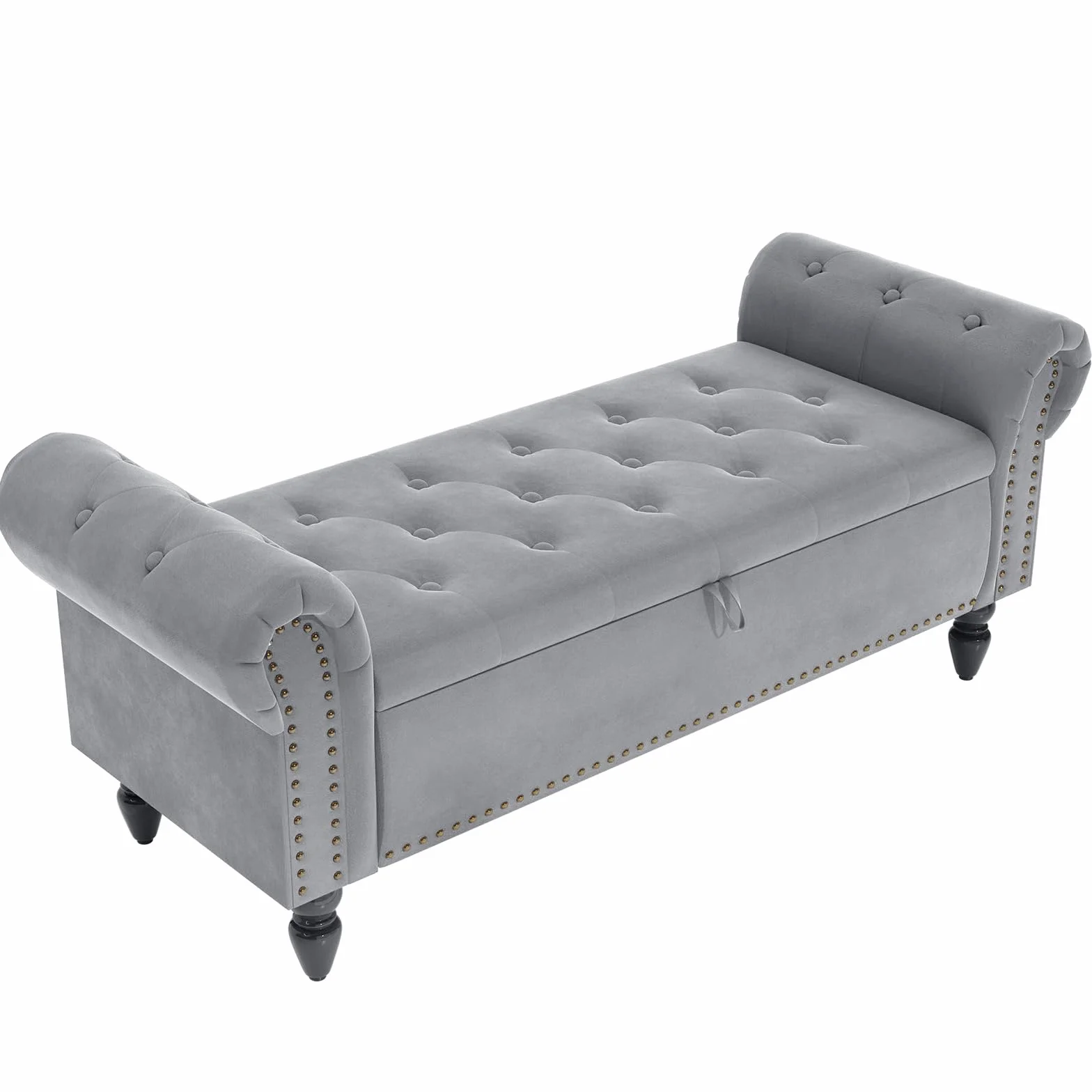 Clevich Banco con Almacenaje 133cm, Terciopelo Baul Almacenaje Dormitorio con Varilla de Elevación, Estilo de Francés, Extremo de la Cama con Tapa, Patas de Madera Maciza (Gris Claro)