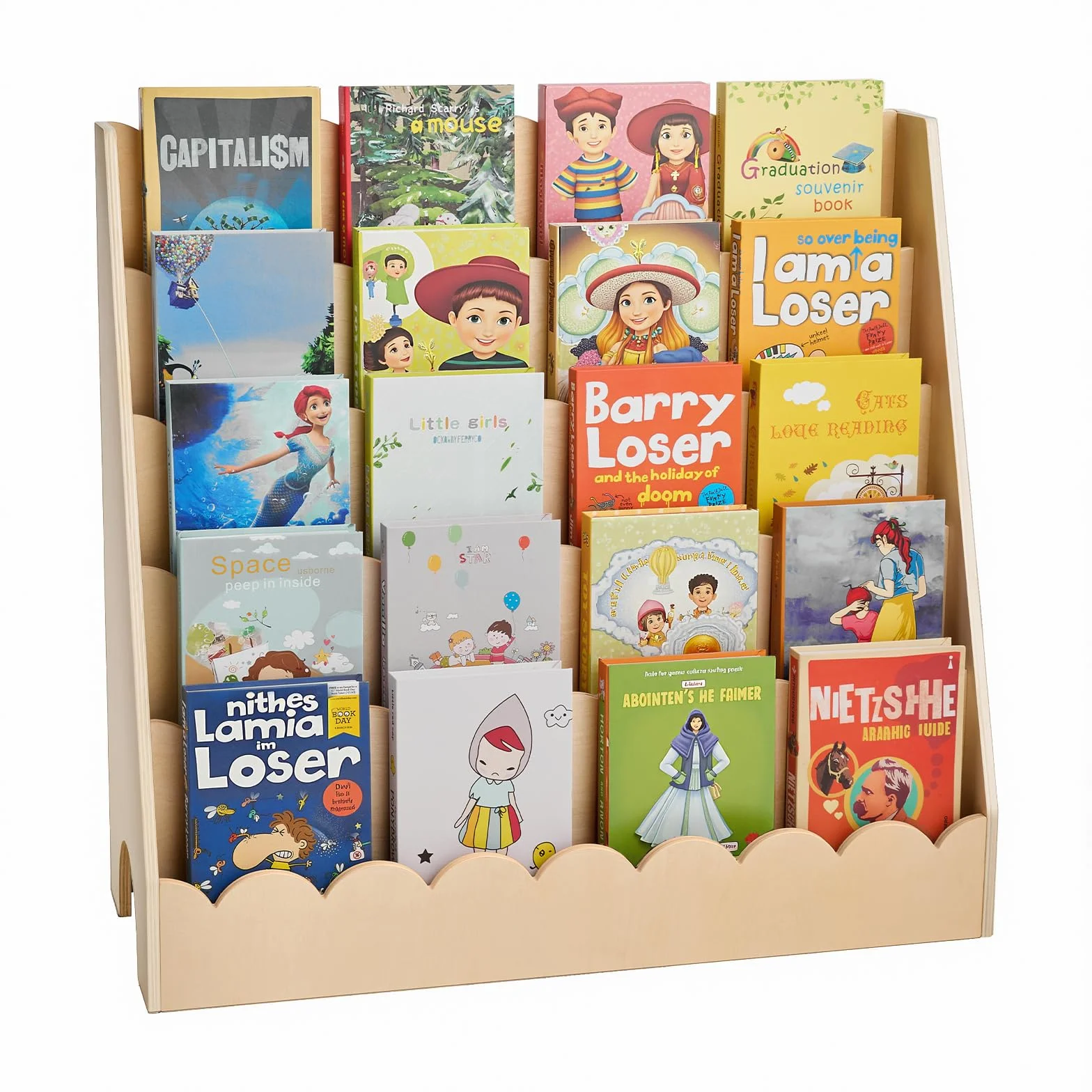 VEVOR Estantería Montessori, Librería 800 x 300 x 750 mm de 5 Niveles con Borde Festoneado, Estantería Frontal con Ganchos Dobles para Guardería, Preescolar y Jardín de Infancia, Marrón Claro