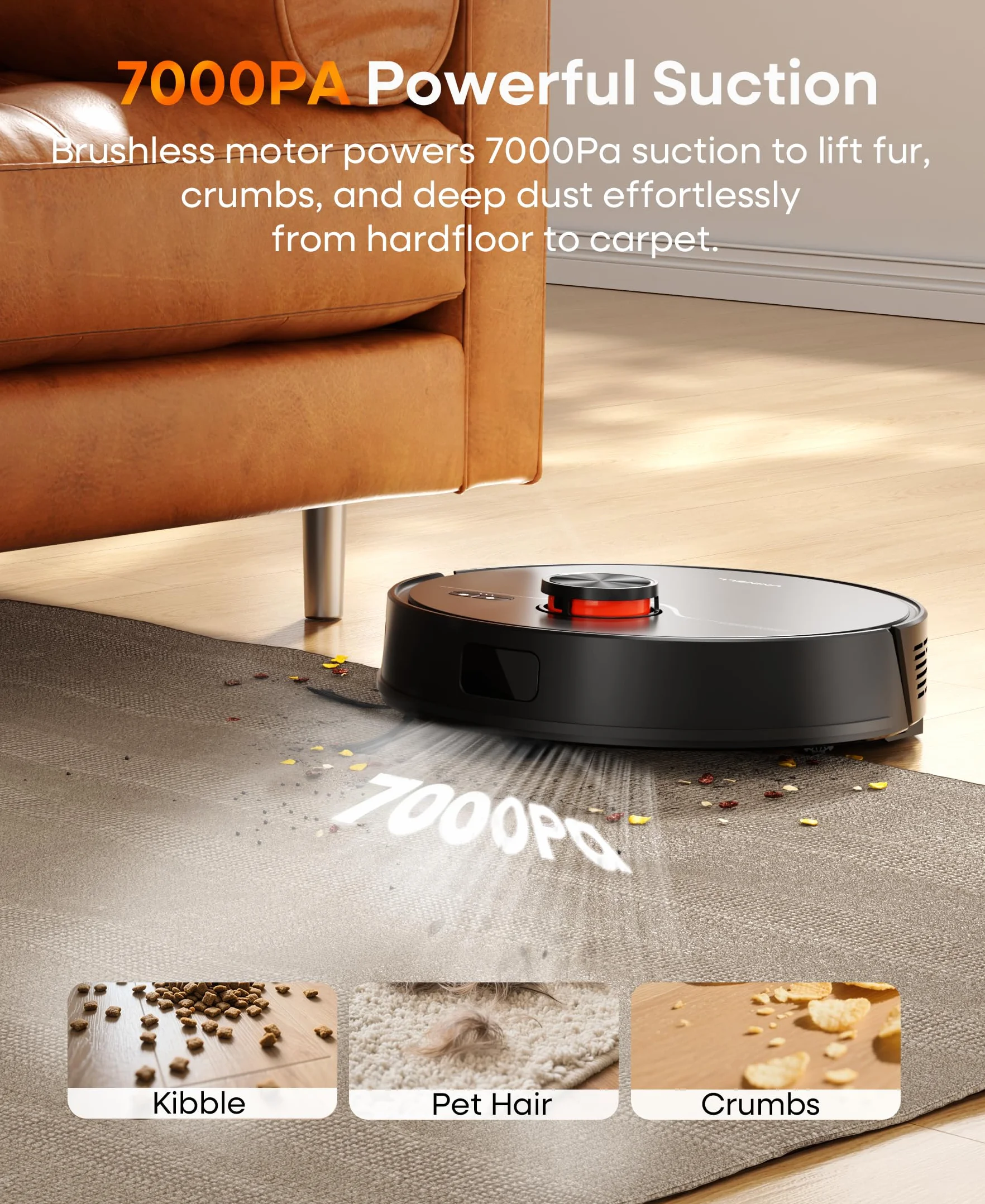 Robot Aspirador y fregona con estación de Vaciado automático, succión de 7000 Pa para Pelo de Mascotas en alfombras, navegación LiDAR CREA Zonas de exclusión, silencioso, Funciona con Alexa