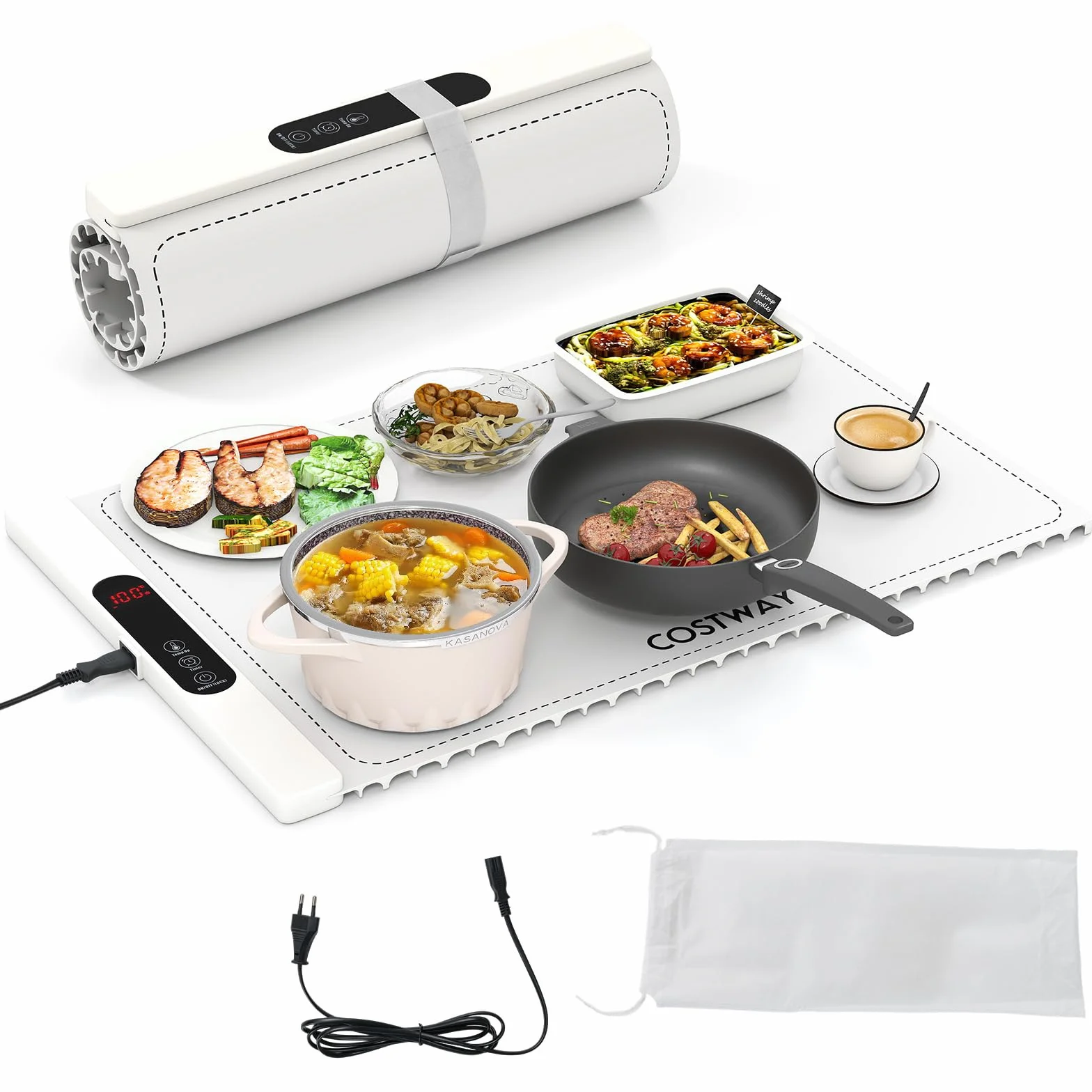 COSTWAY Manta Electrica para Calentar Alimentos, Bandeja de Silicona Enrollable y Portátil con Calentamiento Rápido, Calentador de Alimentos con Apagado Automático y Bloqueo para Niños (Blanco)