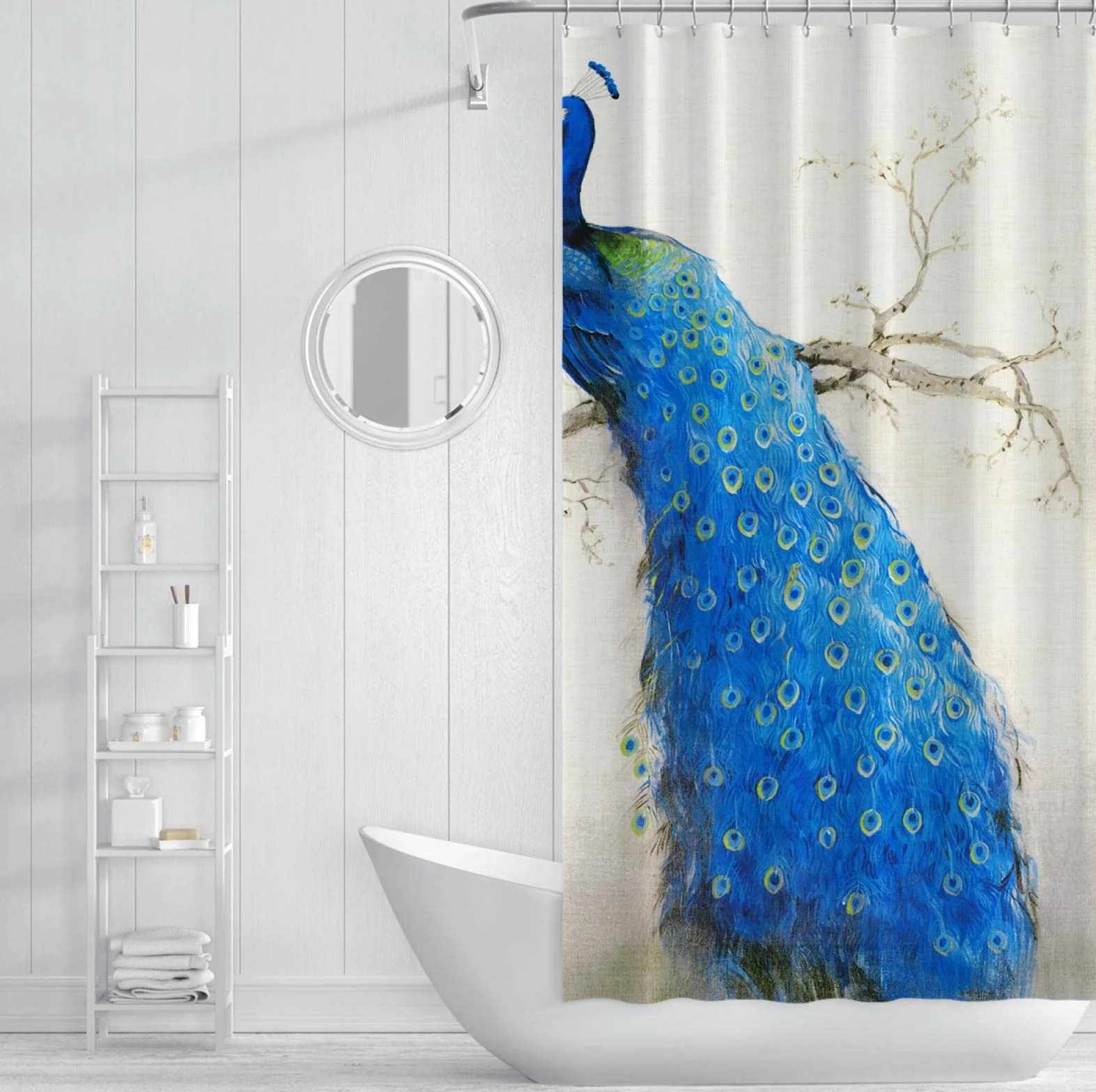 Cortina de Ducha de Pavo Real Azul Decoración de Cortina de baño Familiar Tela Impermeable Cortina de baño húmeda y Seca separada con Ganchos W220xL200cm