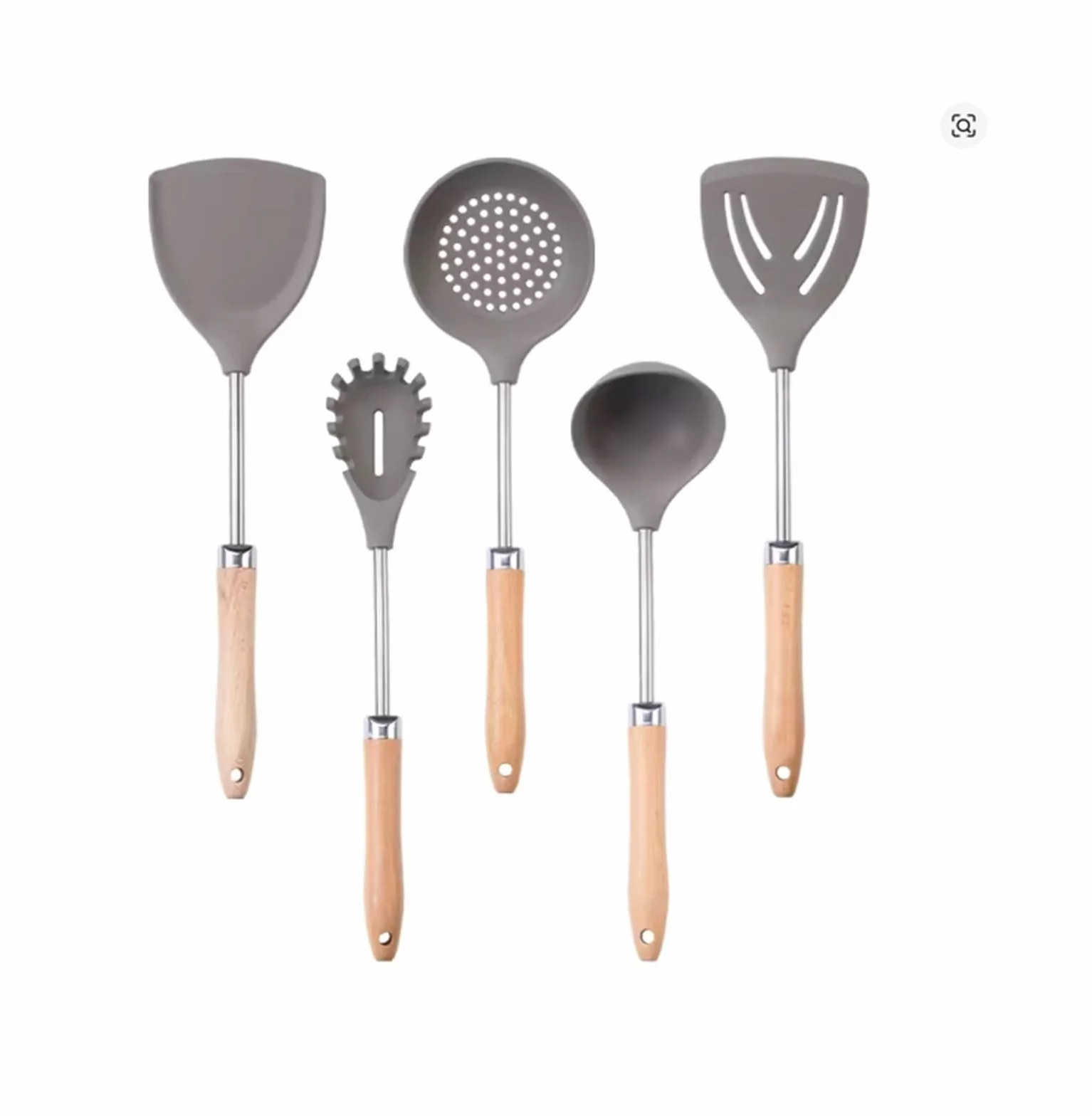 Juego de utensilios cocina silicona con mango madera, espátula y cuchara resistentes al calor(K05)