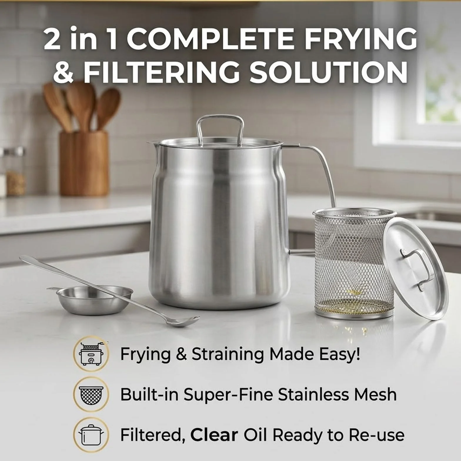 Genérico Olla Colador De Aceite Multifuncional 2 En 1, Freidora De 1.5 L (51 Oz) Con Cesta, Filtro De Malla Fina Y Cucharón De Acero Inoxidable Gratis