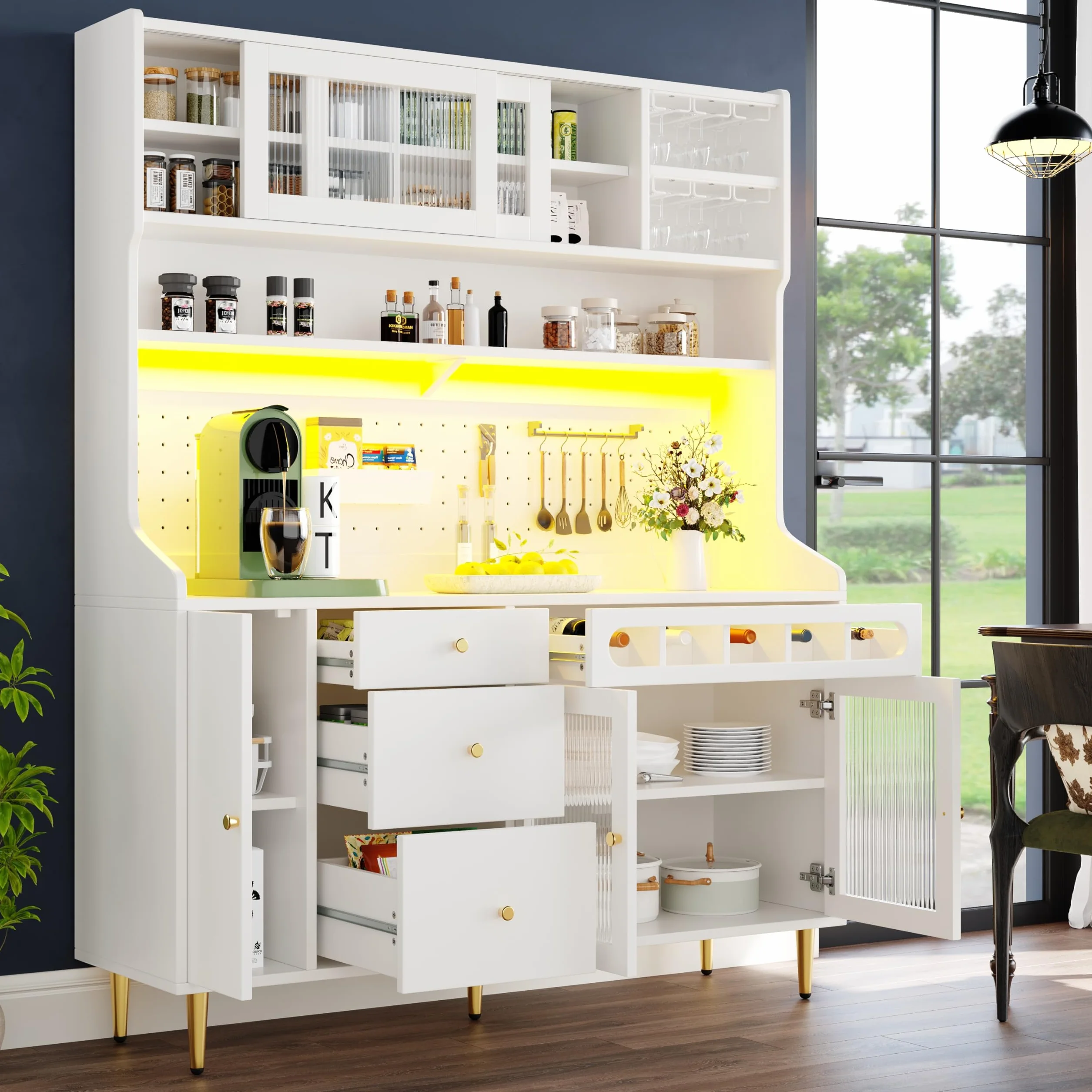 Armario alto para buffet, armario de cocina, armario de salón con estantes ajustables, con iluminación LED y botellero, 5 puertas y 3 cajones, para cocinas y comedores, 145 x 39 x 171 cm (blanco