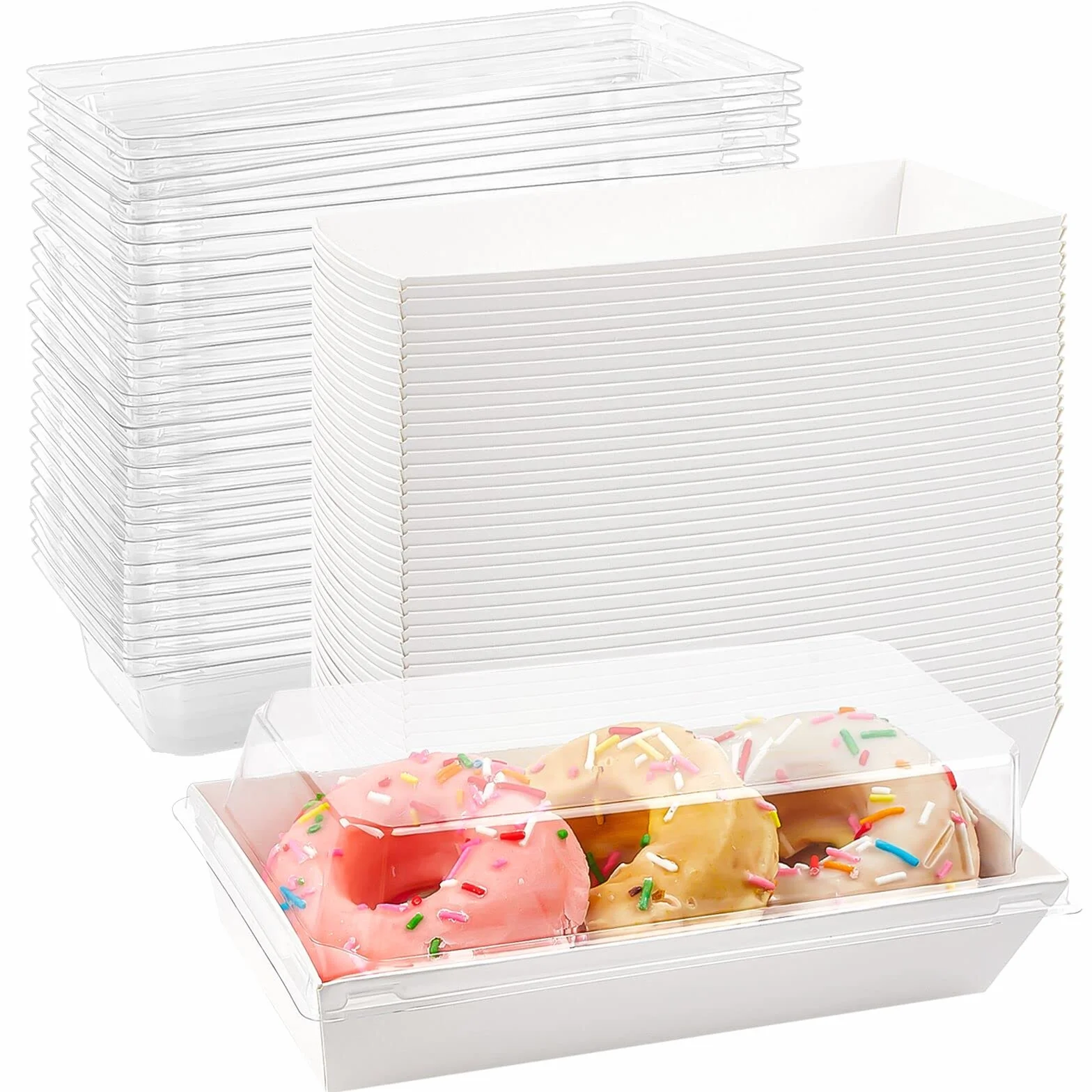 Ocmoiy Paquete de 50 cajas de charcutería de papel con tapas seguras transparentes, 17.5 x 3.3 x 2.5 pulgadas, recipientes de comida desechables, cajas de panadería para sándwich, rollo suizo, sushi,