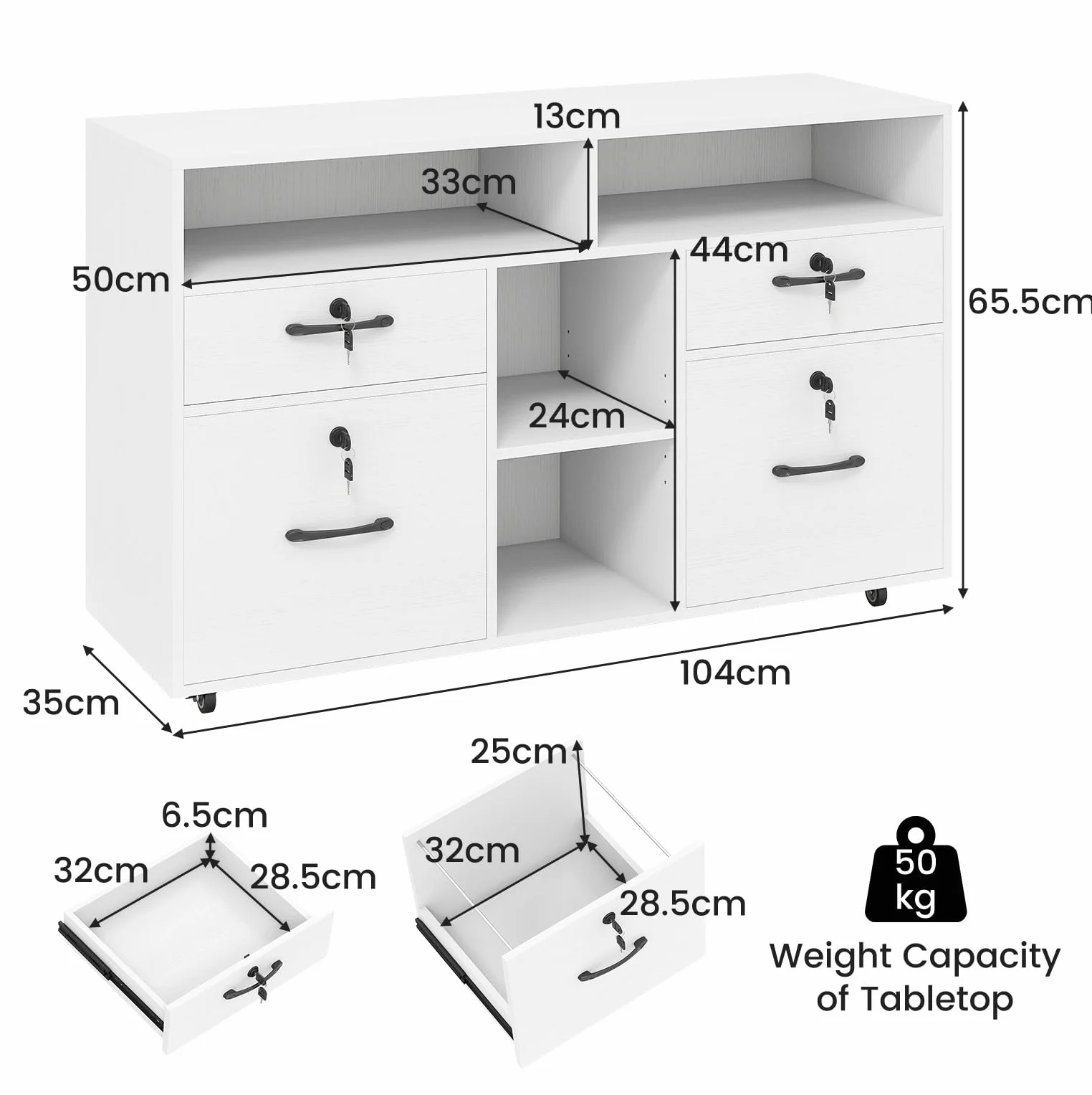 KOMFOTTEU Armario Archivador con Ruedas, Cajonera Escritorio con Cerradura con 4 cajones, Soporte para Impresora con Estante Ajustable para Carpetas A4/Carta para Oficina, 104 x 35 x 65,5 cm (Blanco)