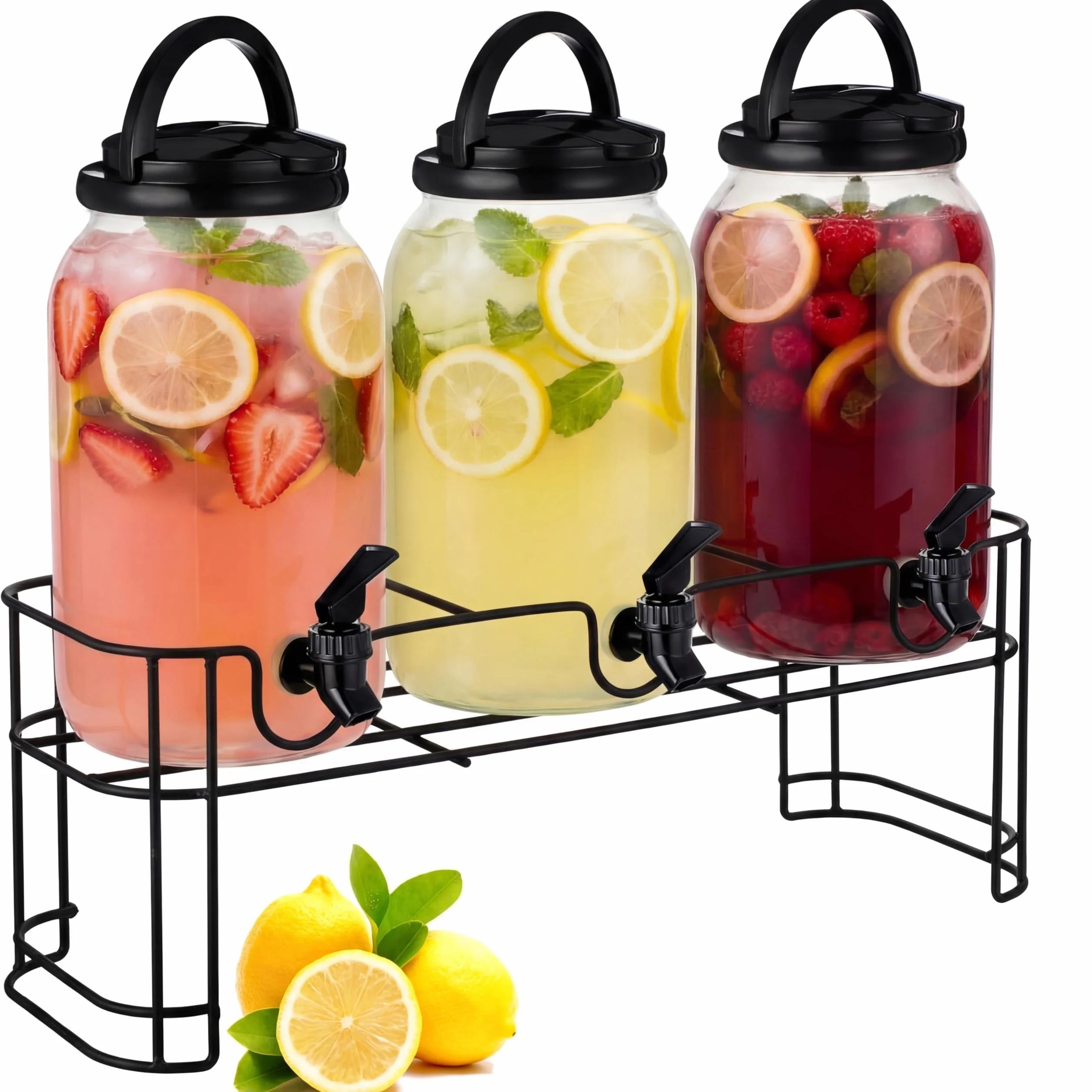Tanlade Dispensador de bebidas de plástico con soporte, dispensador de bebidas con base de metal resistente, dispensadores de jugo para fiestas, tarro de limonada con espiga para encimera de bodas,