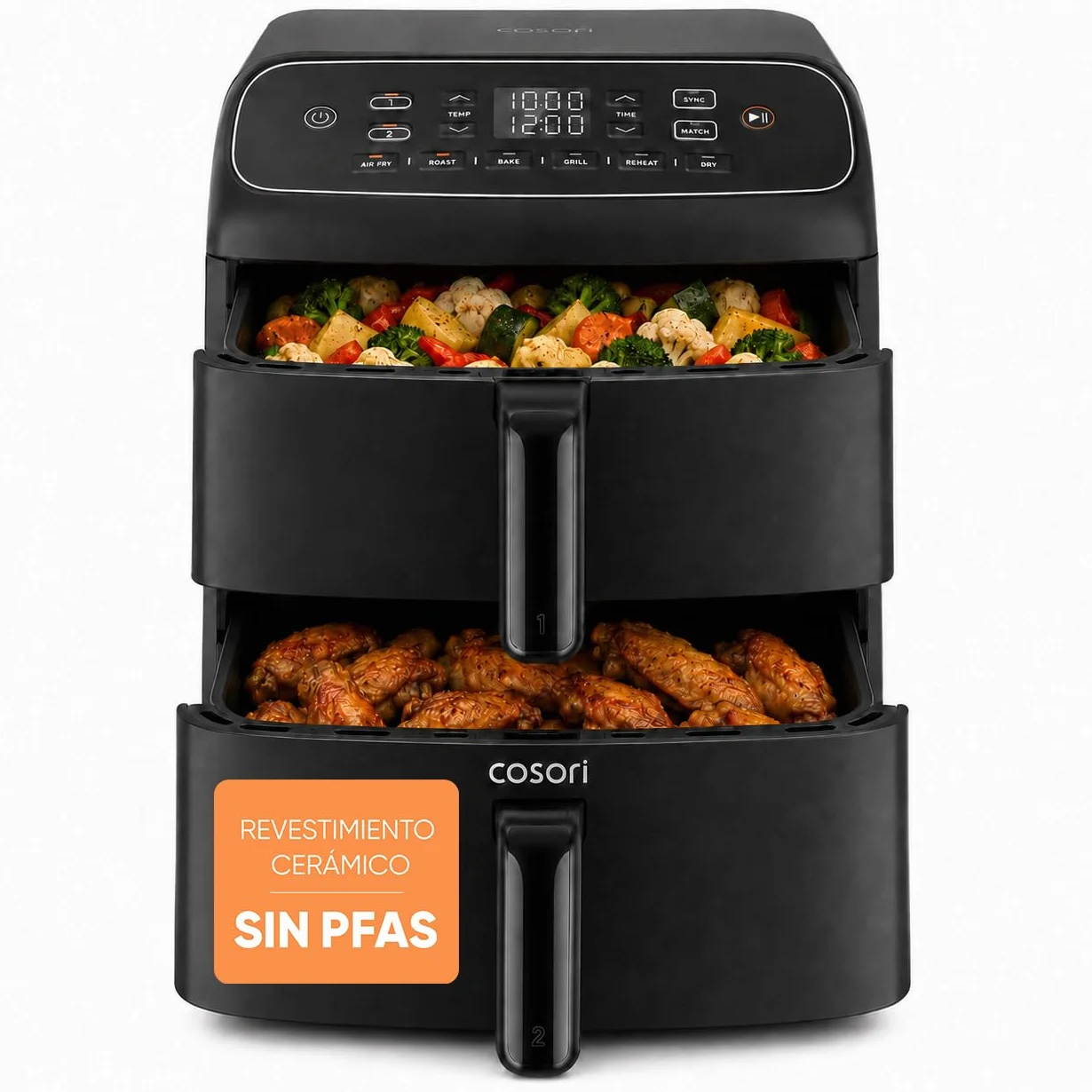 Cosori Air Fryer Turbo Tower Compacto 8,6 Litros, Freidora de Aire con Revestimiento Cerámico sin PFAS ni Teflon, Airfryer de Doble Cesta Vertical con Turbo Blaze, 6 Funciones, Recetas en App, 2600W