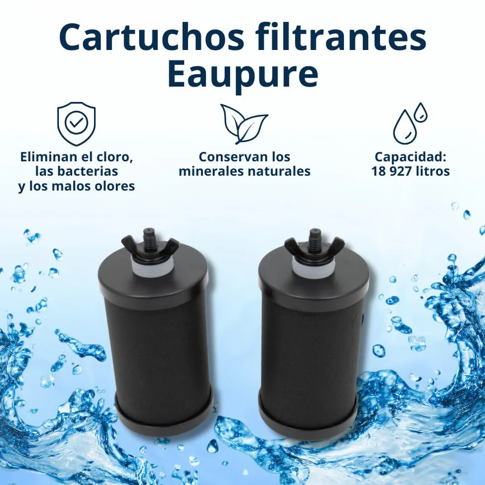 Cartuchos filtrantes para agua - 2 unidades - Filtran bacterias y cloro - Agua potable limpia en cualquier lugar - Compatibles con todos los filtros de agua Eaupure