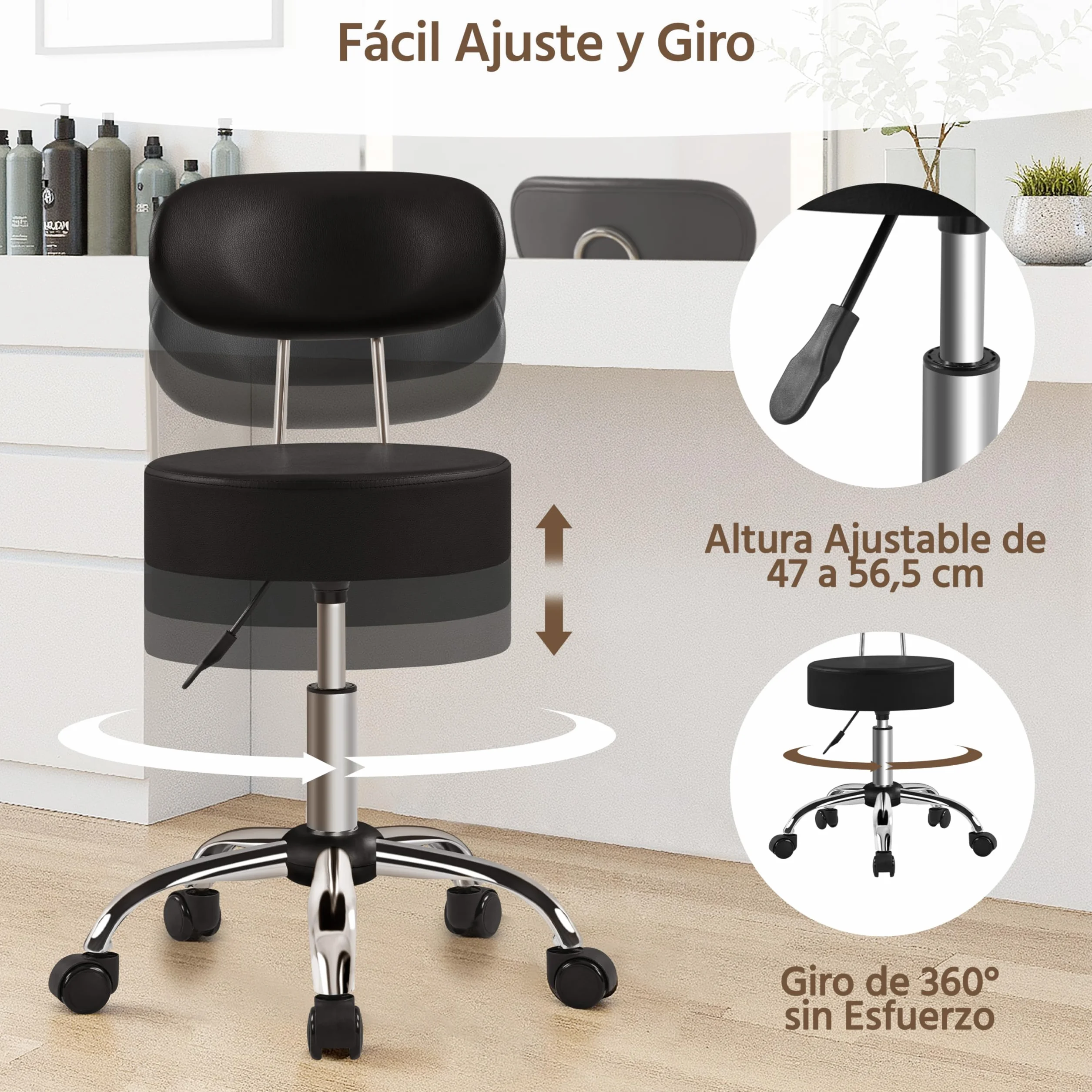 Yaheetech Taburete Giratorio Taburete con Ruedas y Respaldo con Altura Regulable 75.5-85 cm Asiento Tapizado de Polipiel Sintético para Oficina Dormitorio Negro
