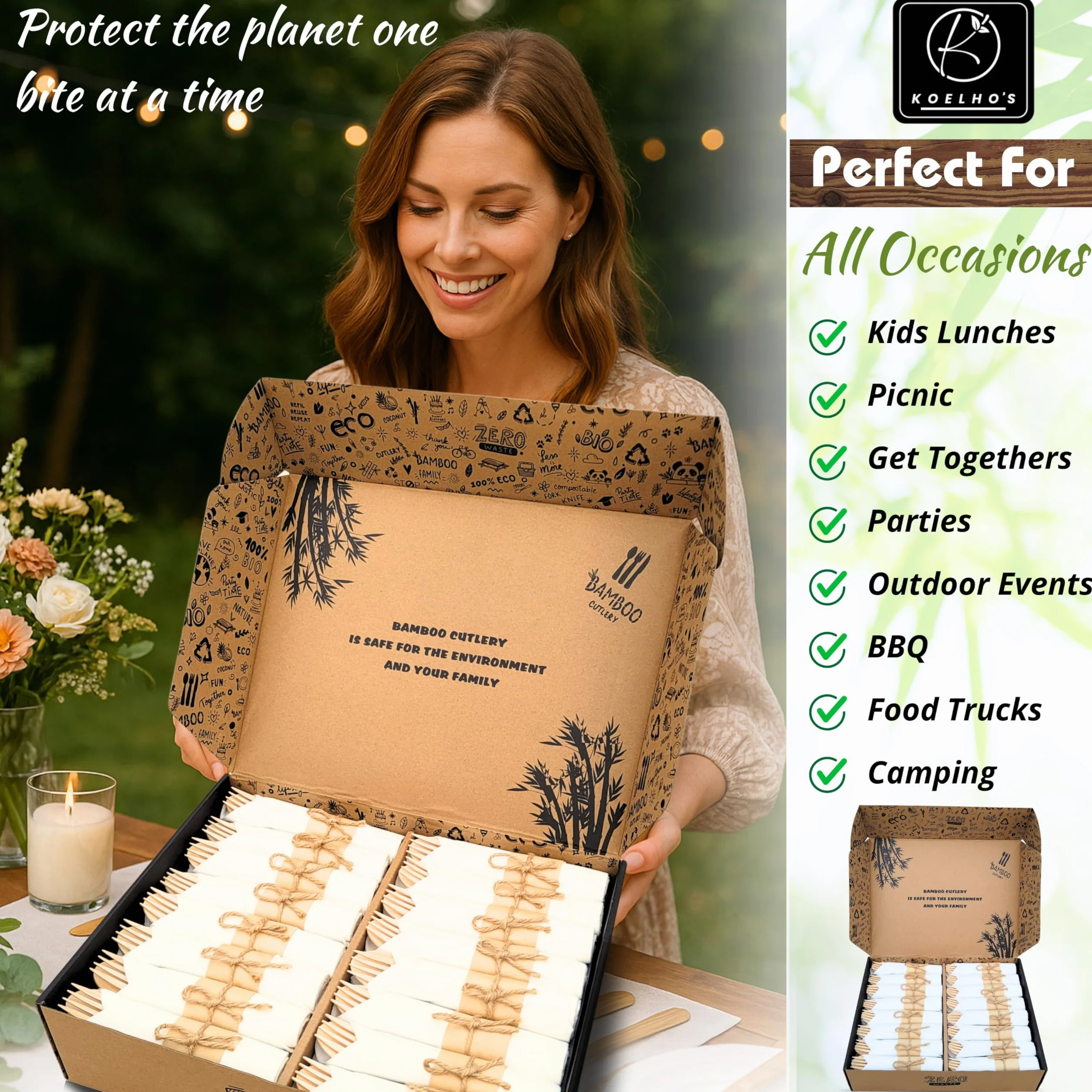 KOELHO'S Juego de cubiertos de bambú 100 % natural, 24 cuchillos, 24 tenedores y 24 cucharas, juego de utensilios de bambú reutilizables para fiestas, bodas, pícnics (paquete de 48)