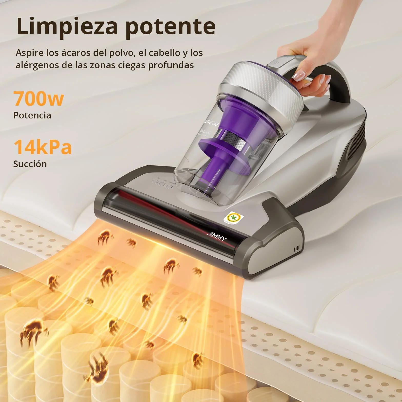 Jimmy JV35 Aspirador Antiácaros 700W con Luz UV-C, Golpeteo Fuerte y Aire Caliente, Portátil para Colchones, Camas y Sofás