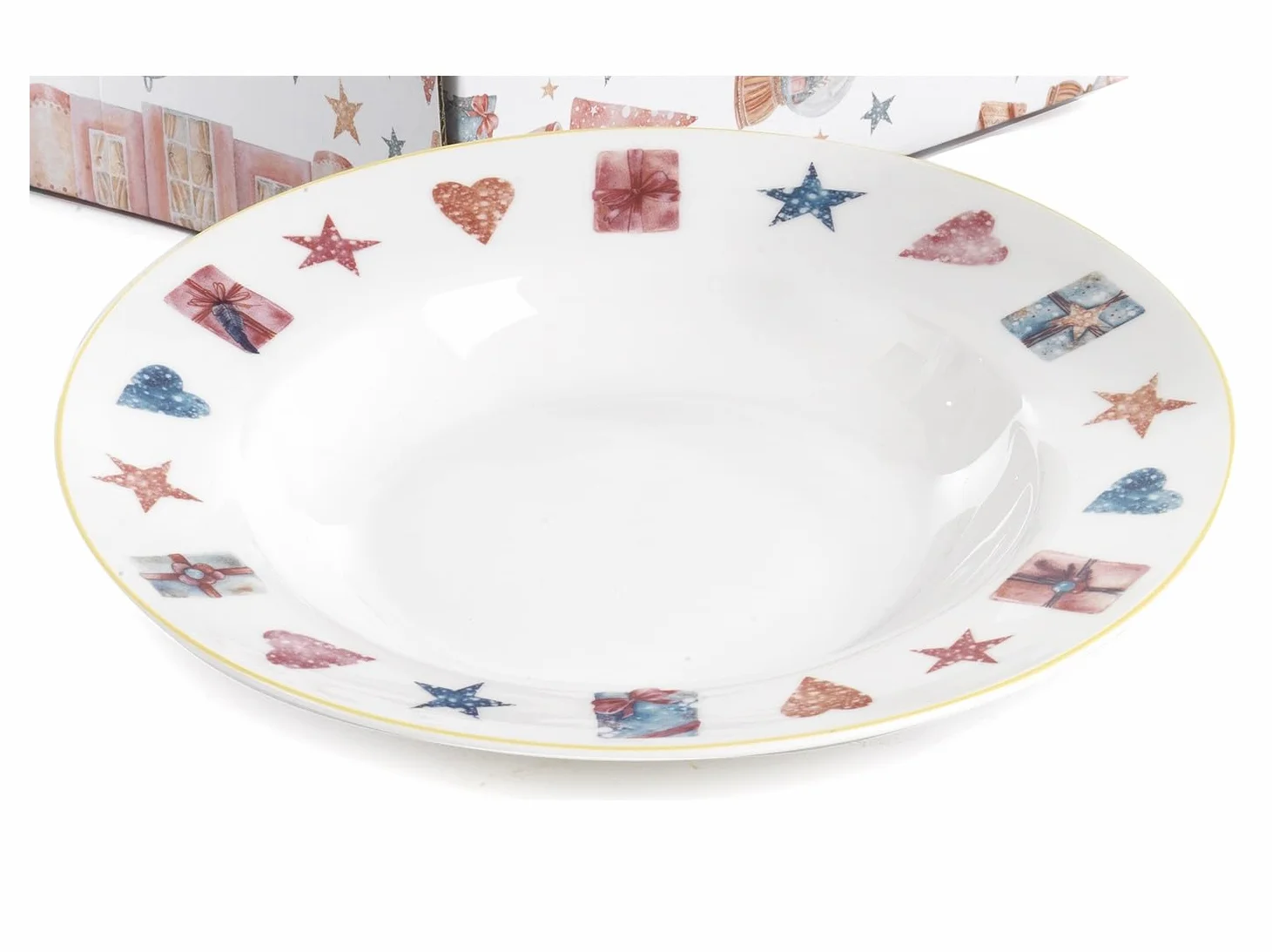 Servicio de platos navideño de 18 piezas con tema de Navidad en porcelana de autor Nàvel 6 fondos Ø 21,6 cm, 6 platos Ø 21,6 cm y 6 platos Ø 26,7 cm con elegante caja litografiada