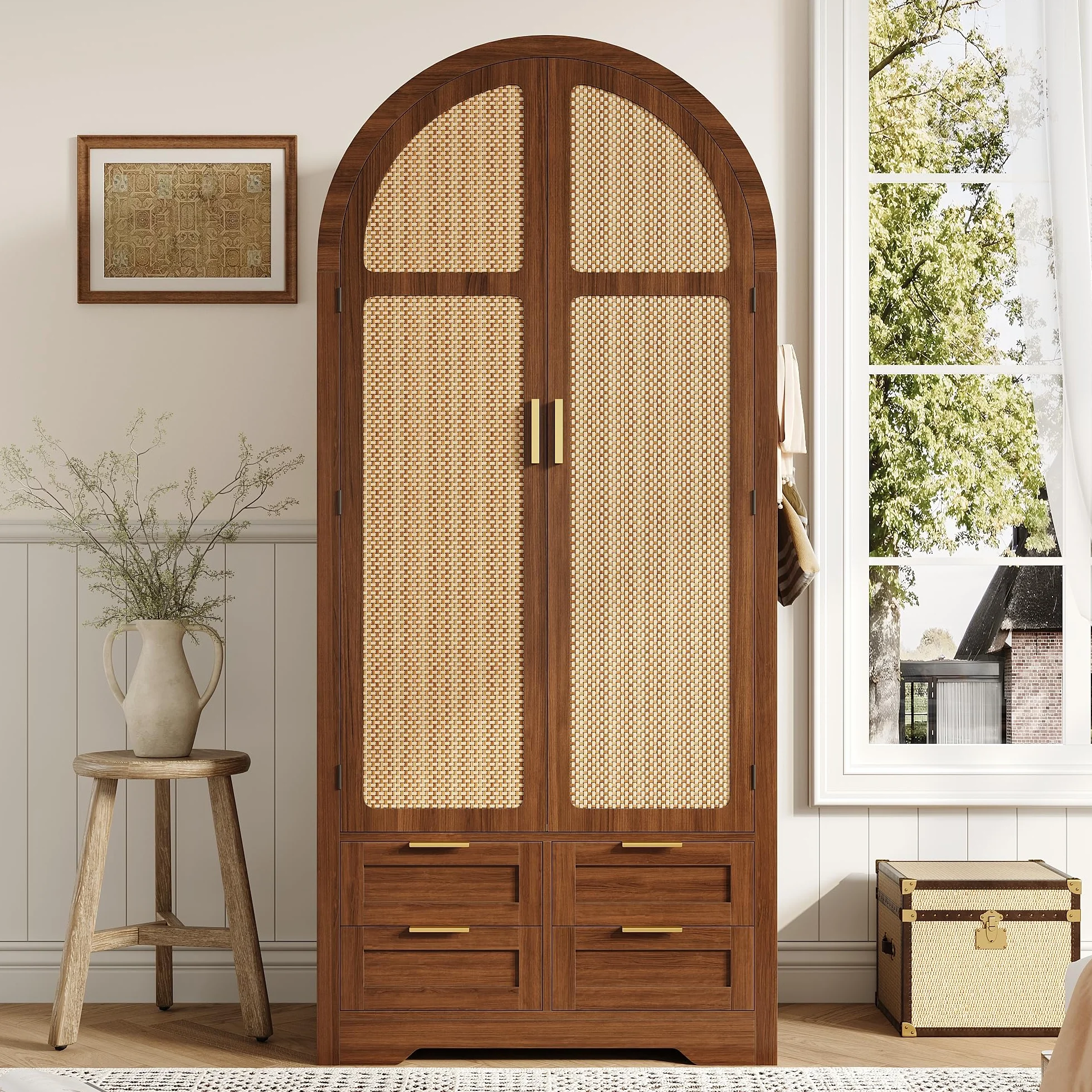 Armario Moderno con Puertas Curvas,Amplio Espacio de Almacenamiento,con Barra para Colgar y cajones,Armario de Lujo,Adecuado para dormitorios y áreas de Entrada (B)