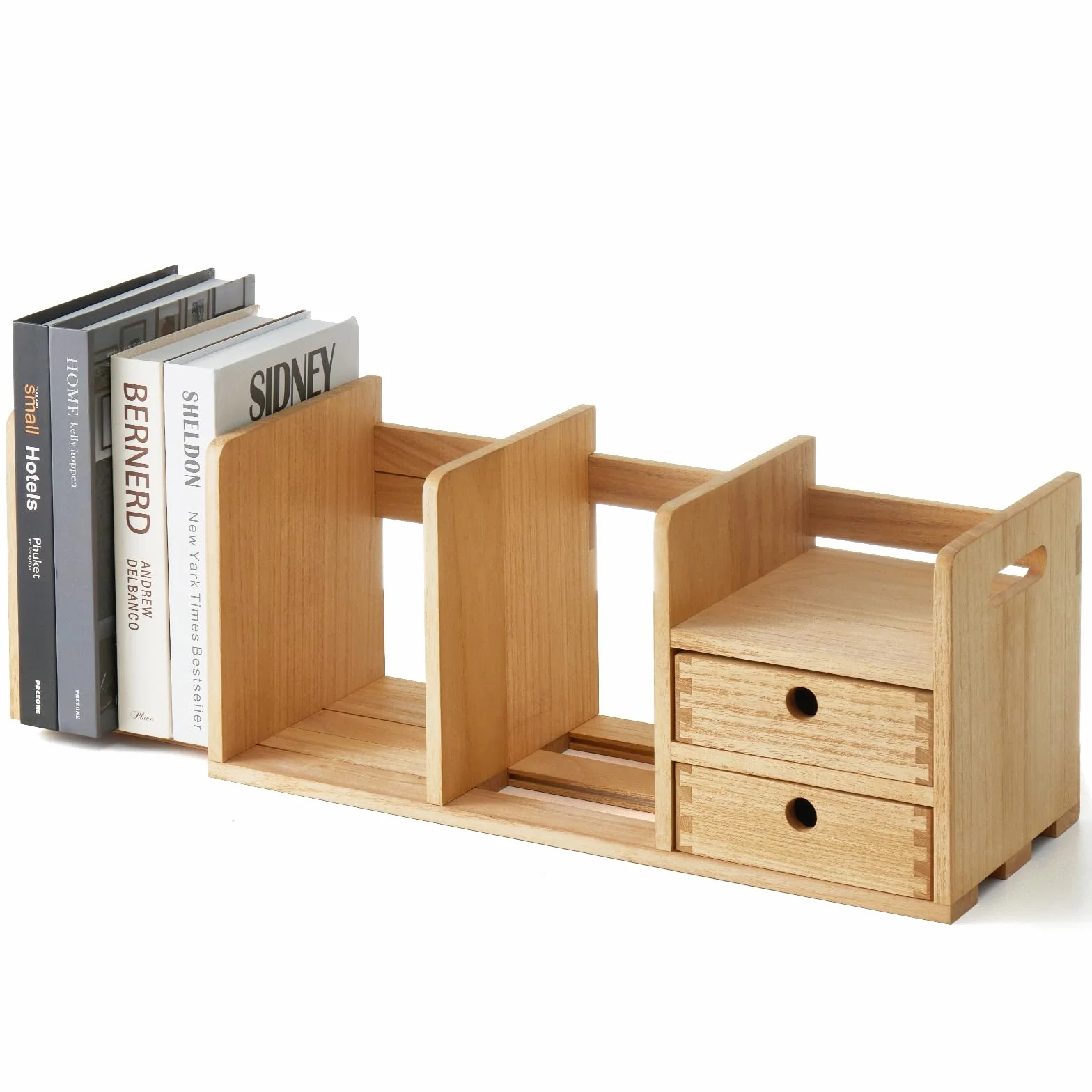 KIRIGEN Organizador de Escritorio de Madera – Estantería Ajustable y Extensible con Cajón – Soporte para Libros y Documentos, Totalmente Montado, Ideal para Oficina y Hogar Color Natural