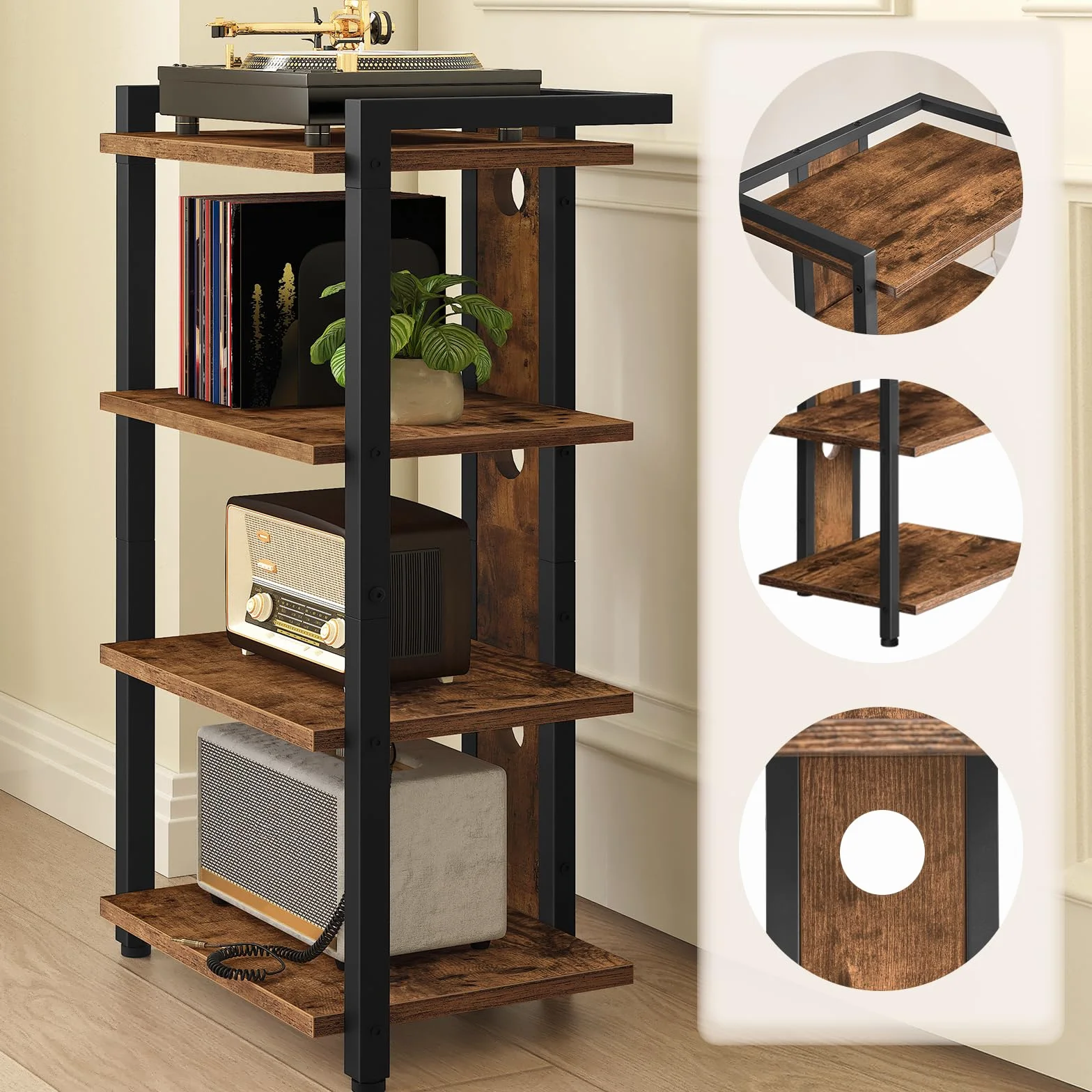 HOOBRO Mueble Tocadiscos, Mueble HiFi con 4 Estante, Soporte de Multimedia con Orificios para Cables, Soporte para Discos, Hi-Fi, Videoconsola, Proyector, Router WiFi, Marrón Rústico y Negro EBF38CJ01