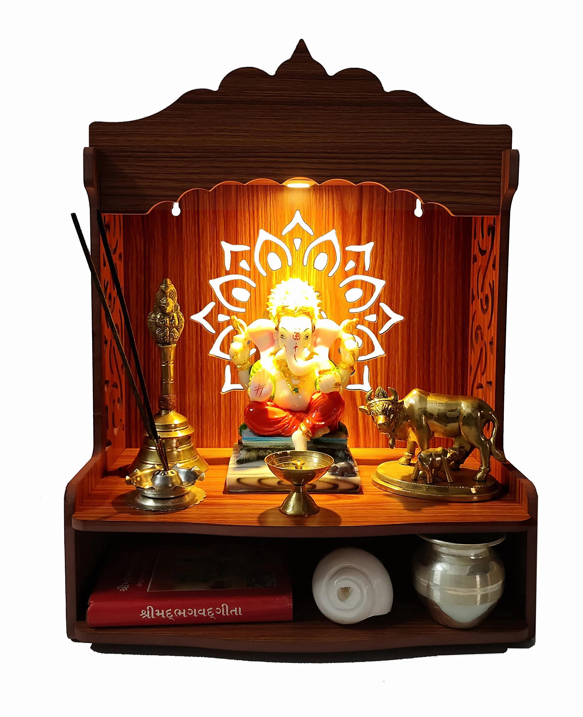 DIVOKAH Hermoso Pooja Mandir de madera para el hogar/templo para el hogar y la oficina/Puja Mandir/Puja Stand/Pooja Mandapam con foco LED (8 mm de grosor de madera contrachapada) (WDN LED OMFLV)