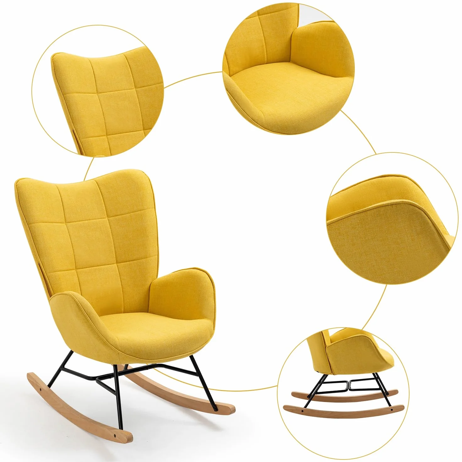 MEUBLE COSY Silla Mecedora Sillón de Relax Especial Lactancia Butaca Acolchada con reposabrazos, Respaldo Alto, de Tela con Patas de Madera Metal, para salón, Dormitorio, Amarillo