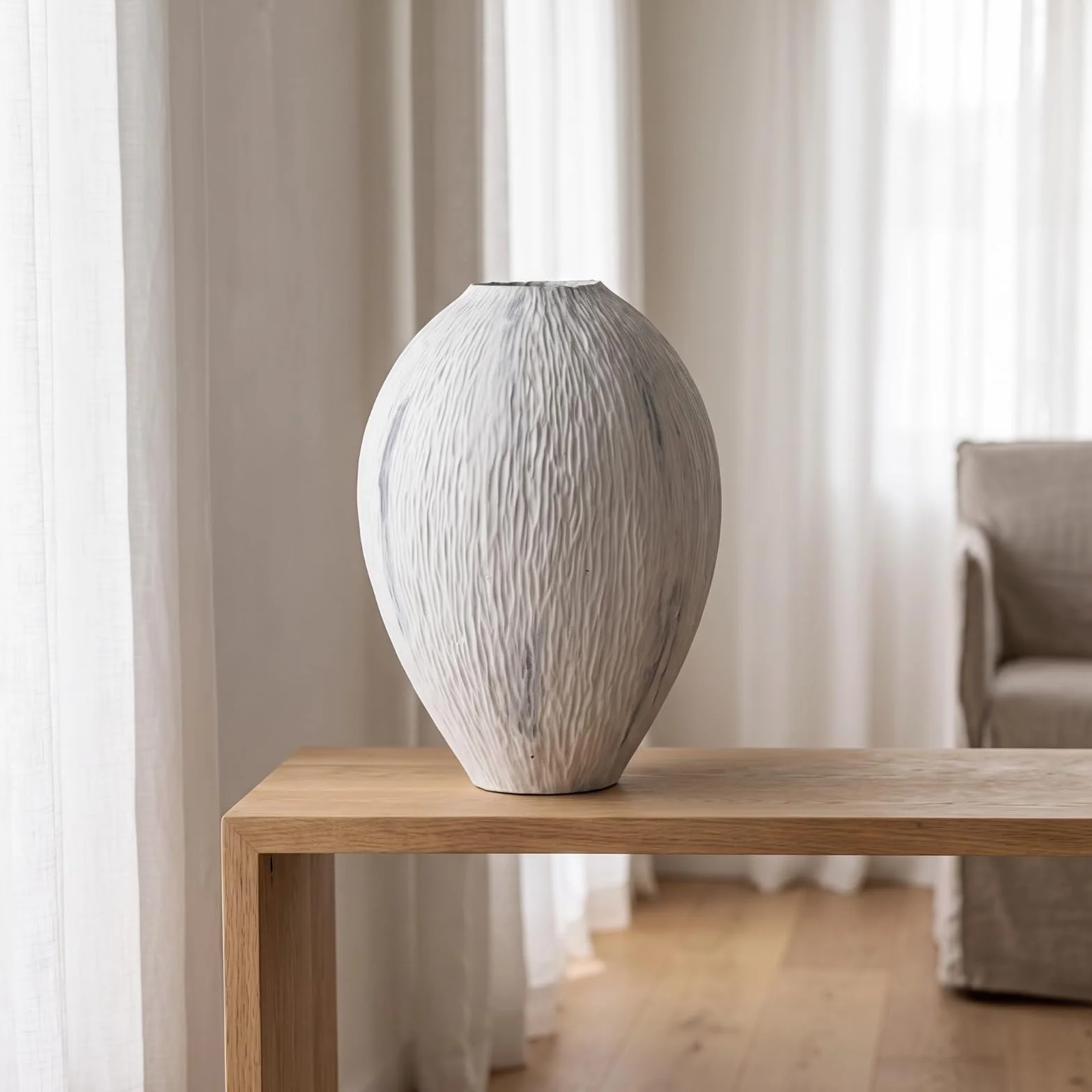 Jarrón de Cerámica Florero Botella Ornamento Superficie Estriada Hecha a Mano y Silueta con Cuello Estrecho Base Estable para Estanterías Recibidor, Envejecido, 24.5 24.5 H28cm