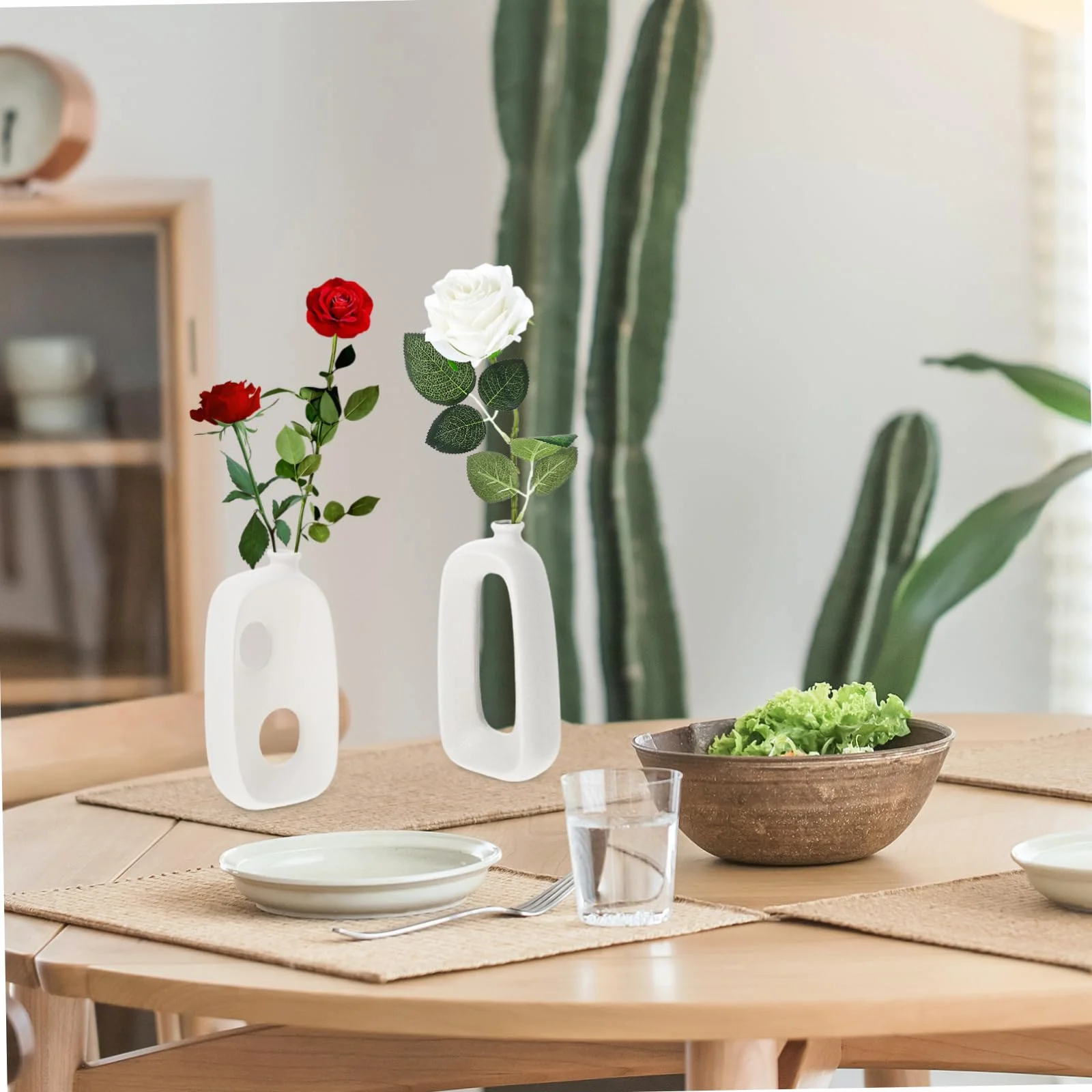 Jarrón de Cerámica Pequeño de Forma Especial Blanco 2 Piezas | Acabado Mate, Resistente al Desgaste y Finamente Procesado, para Flores y Plantas, Uso Hogar u Oficina