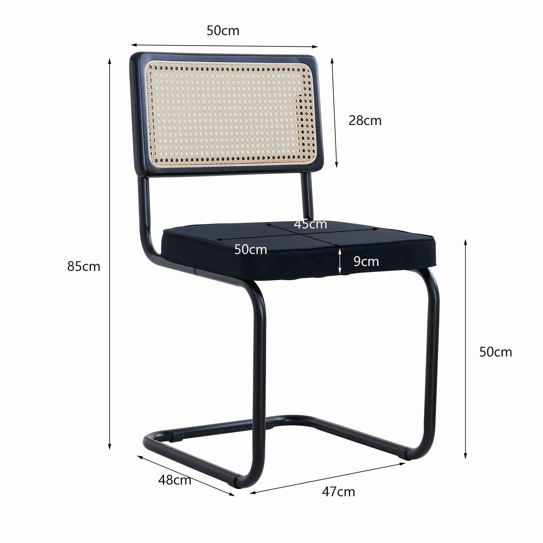 GrandCA HOME Pack de 4 Sillas de Comedor con Respaldo de Caña Natural y Base de Acero Metálico, Sillas de Cocina Tapizadas de Ratán,Negro-1