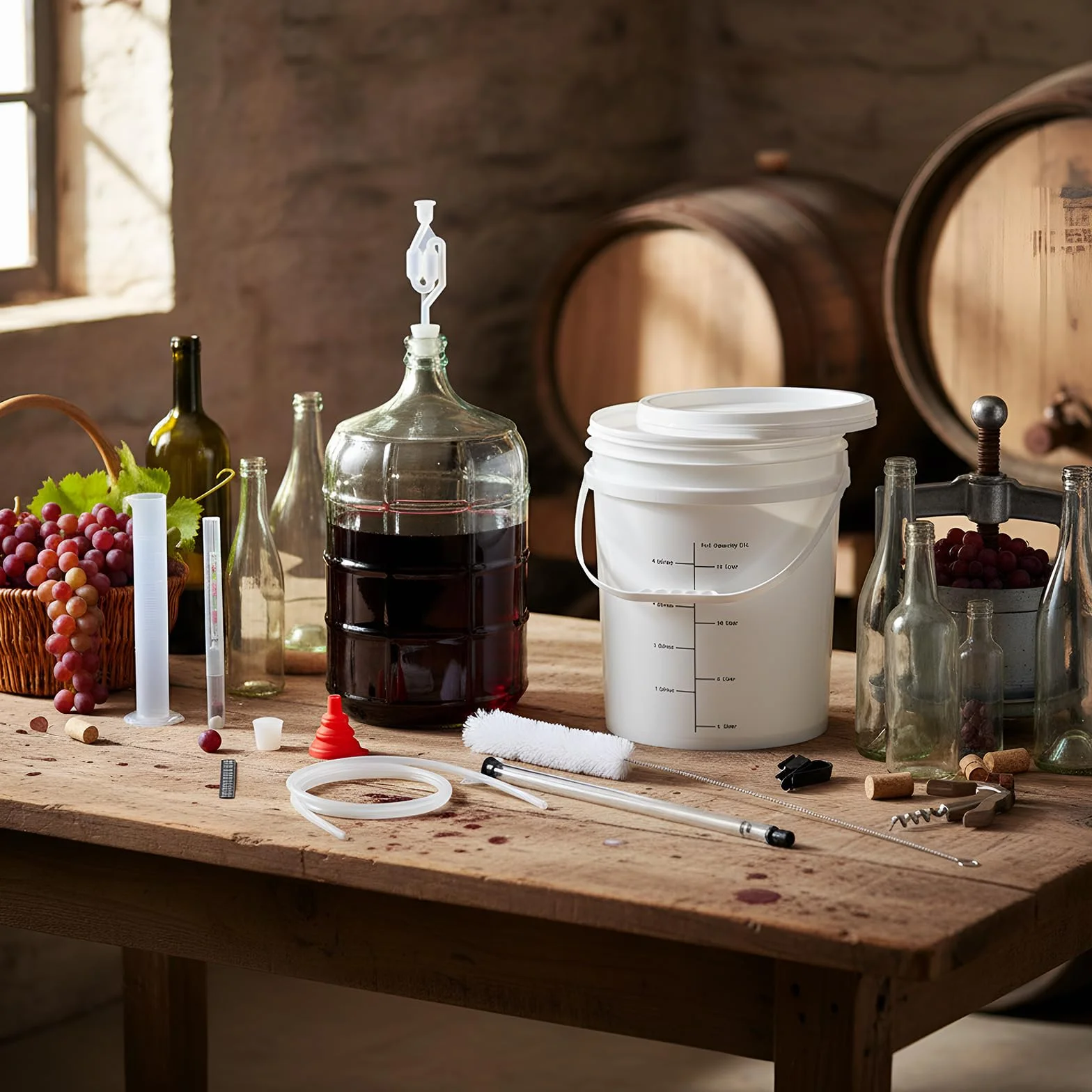 Ziliny El kit para hacer vino incluye Carboy de 5 galones, cubo y tapa de 6.5 galones, sifón automático, hidrómetro, probador de porcentaje de alcohol, relleno de botellas, cierre de aire, embudo de