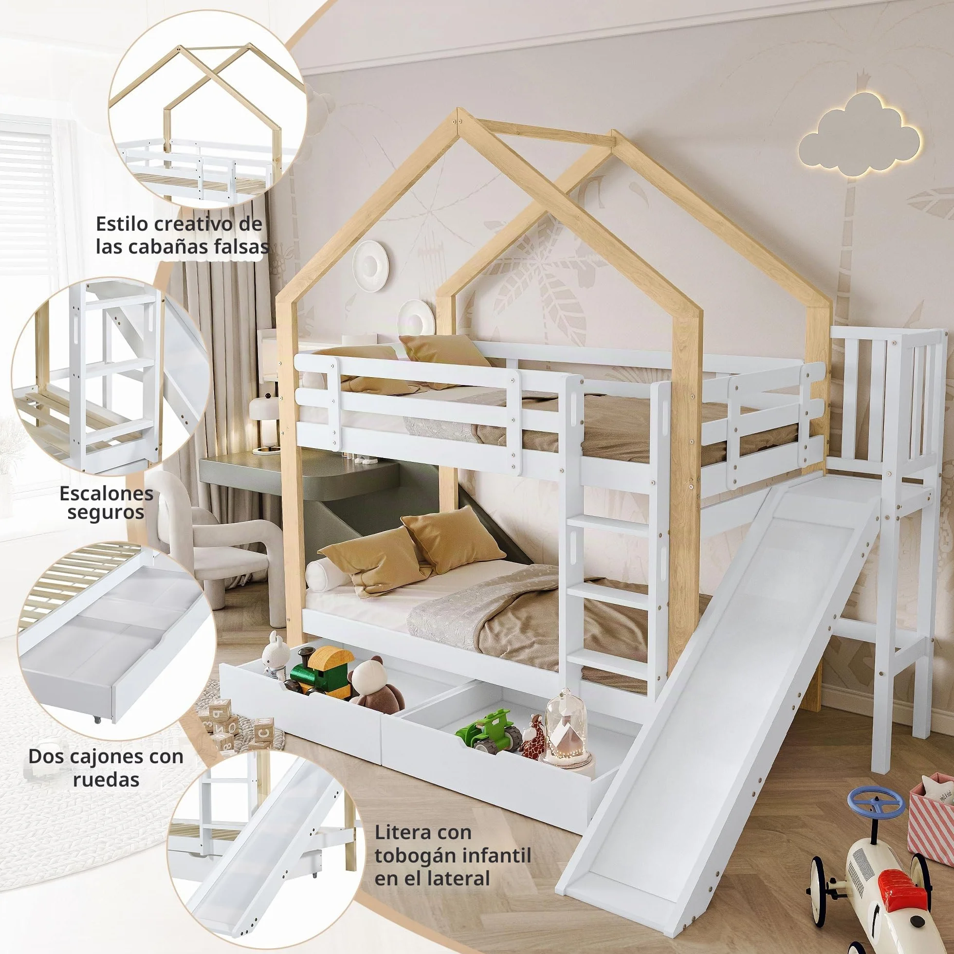 Litera con tobogán y escalera angular de tres niveles, cama con protección contra caídas, cuna, marco de cama de madera maciza, color blanco y natural, 90 x 200 cm (con 2 cajones)