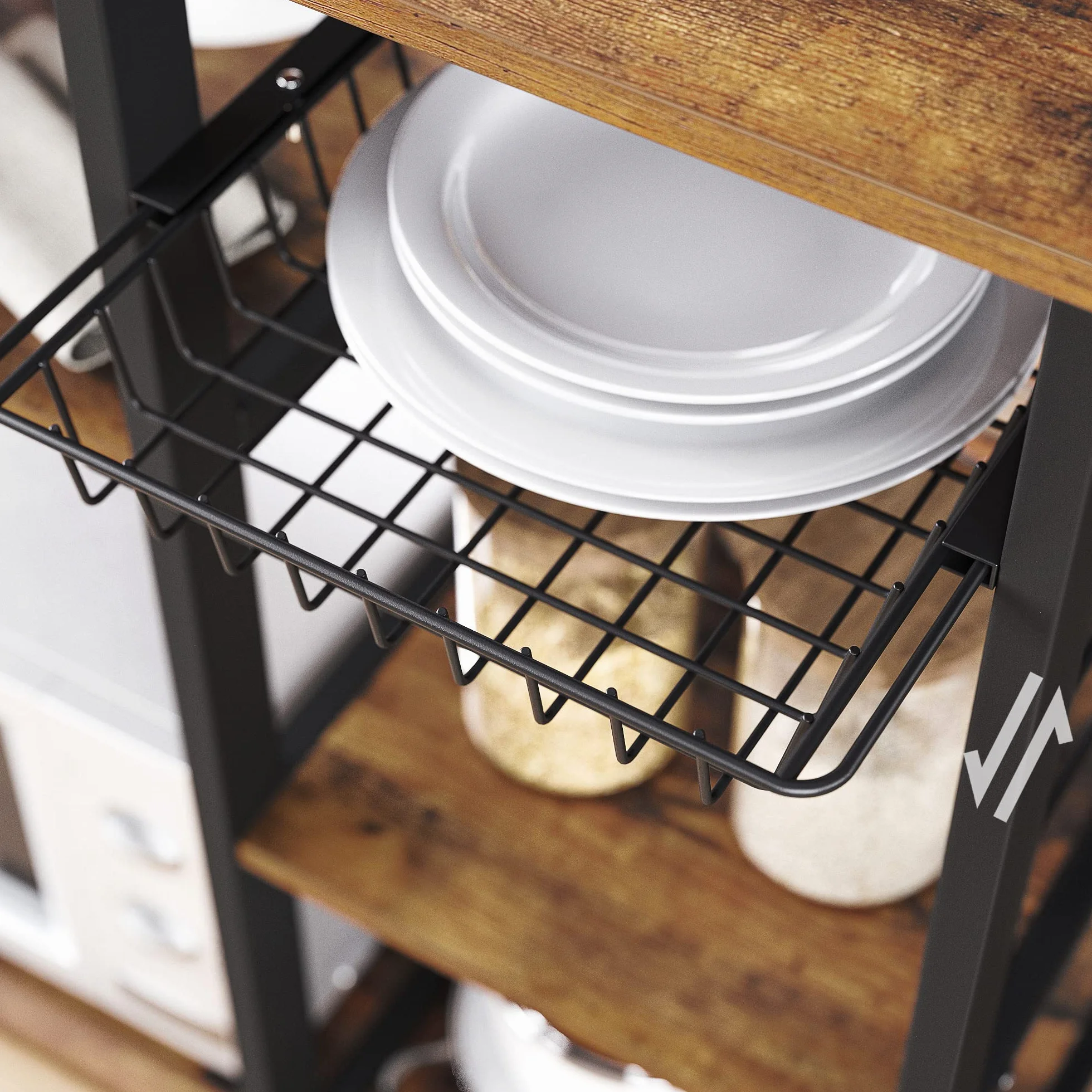 VASAGLE - Estantería de Cocina, con Marco de Acero, 1 Cesta y 6 Ganchos, Almacenamiento para Mini Horno, Especias y Utensilios, Estilo Industrial, marrón rústico y Negro KKS90X