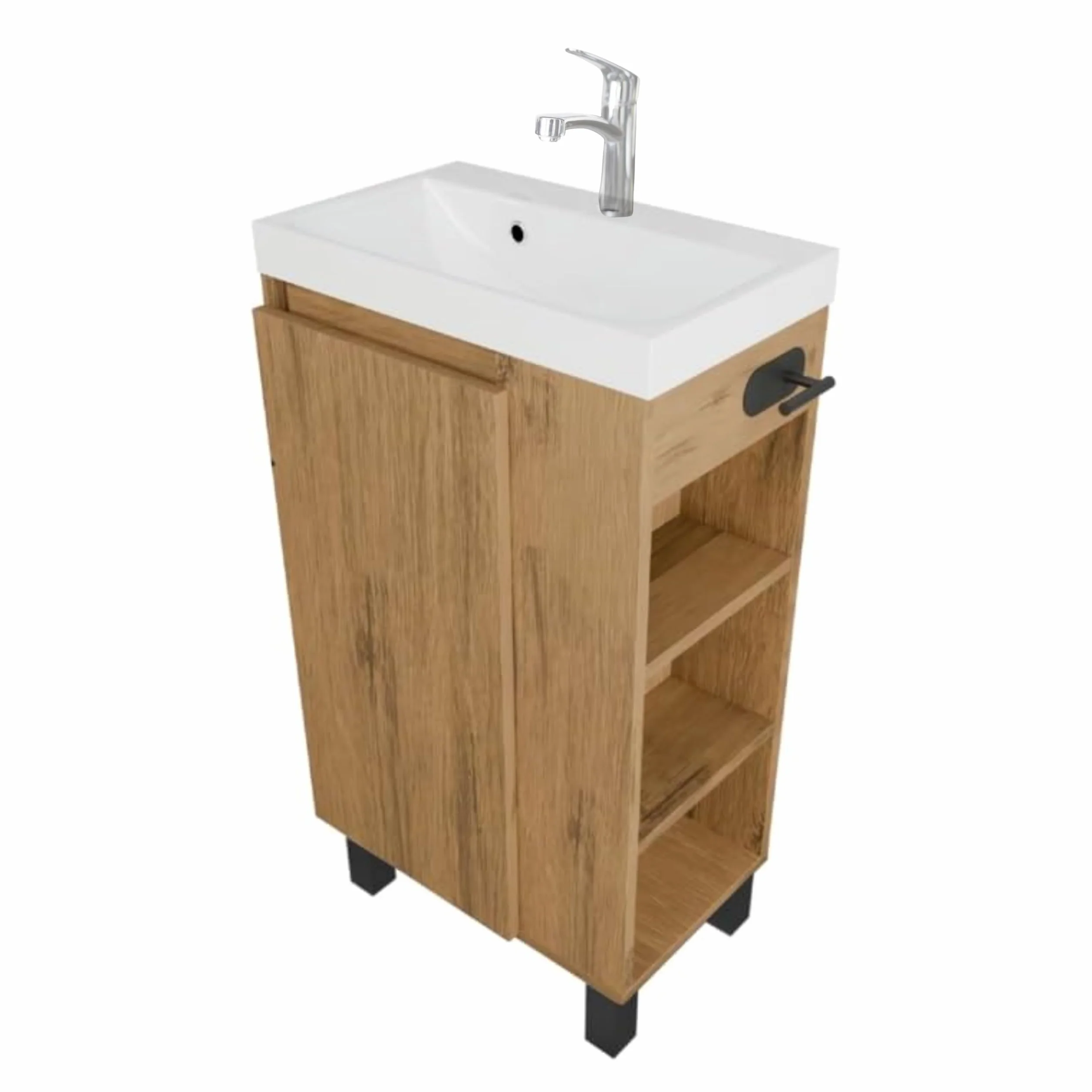 Lavabo con Armario Bajo SEVA, 46 cm de Ancho, Tocador de Pie O Colgante, Juego de Muebles de Baño para Baño, Armario Bajo Lavabo con Soporte para Papel Higiénico - Roble Lancelot