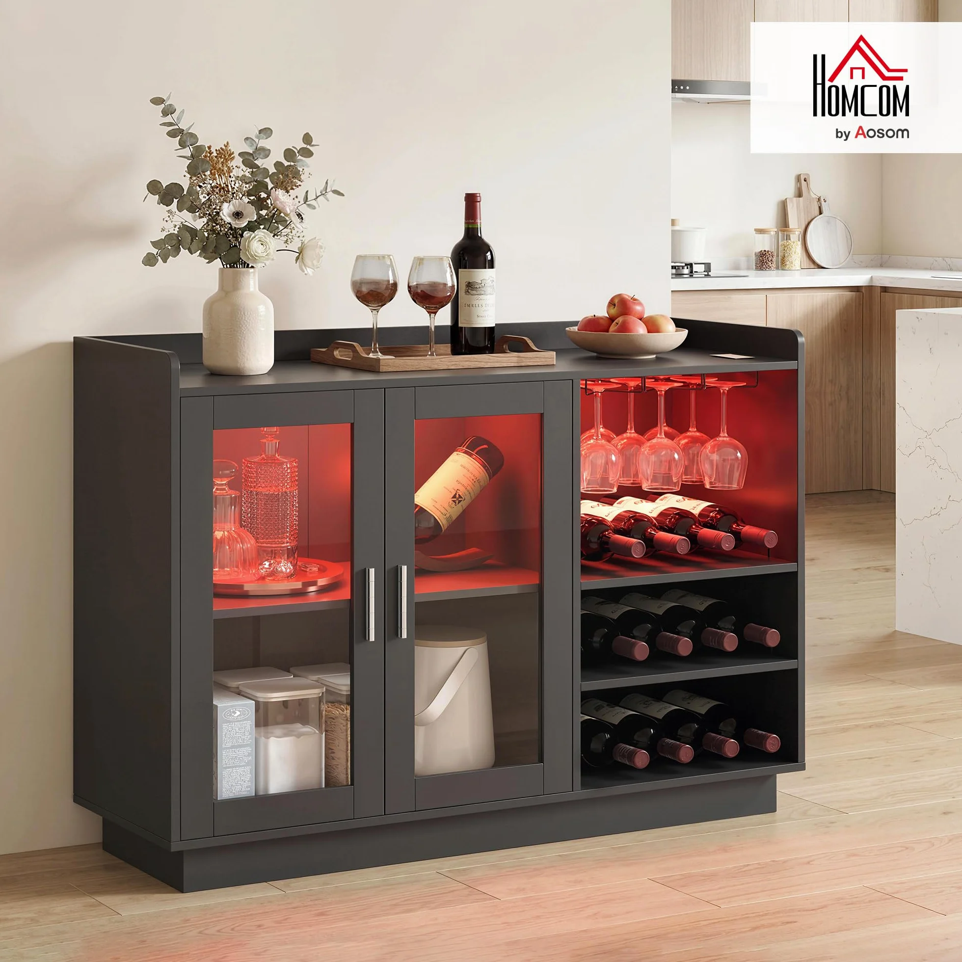 HOMCOM Mueble de Bar, Armario Buffet para Vinos con Luces LED RGB y Botellero para 12 Botellas, Aparador de Cocina con Estante Ajustable y Puertas de Cierre Suave, para Comedor, Salón, Negro