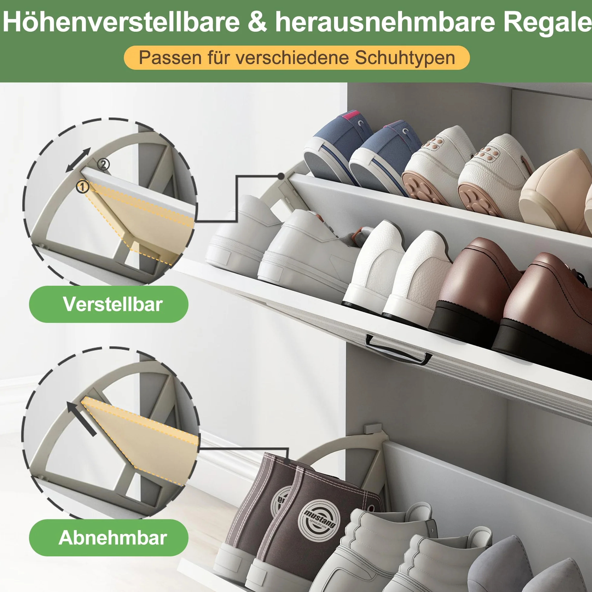 Cómoda de Zapatos con Zapatero Giratorio, compuesta por Tres Grandes Puertas abatibles y Dos cajones. Zapatero de Madera y estantería para Zapatos (White + Particle Board)