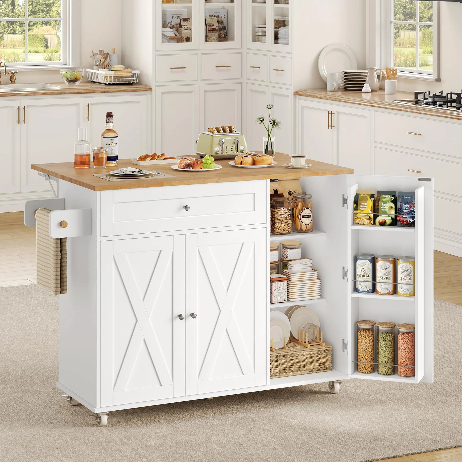 HOCSOK Isla de cocina, carro de cocina con 5 ruedas, armario de cocina con superficie de trabajo abatible y cajones, isla de cocina independiente, carro de bar para cocina y comedor, Blanco