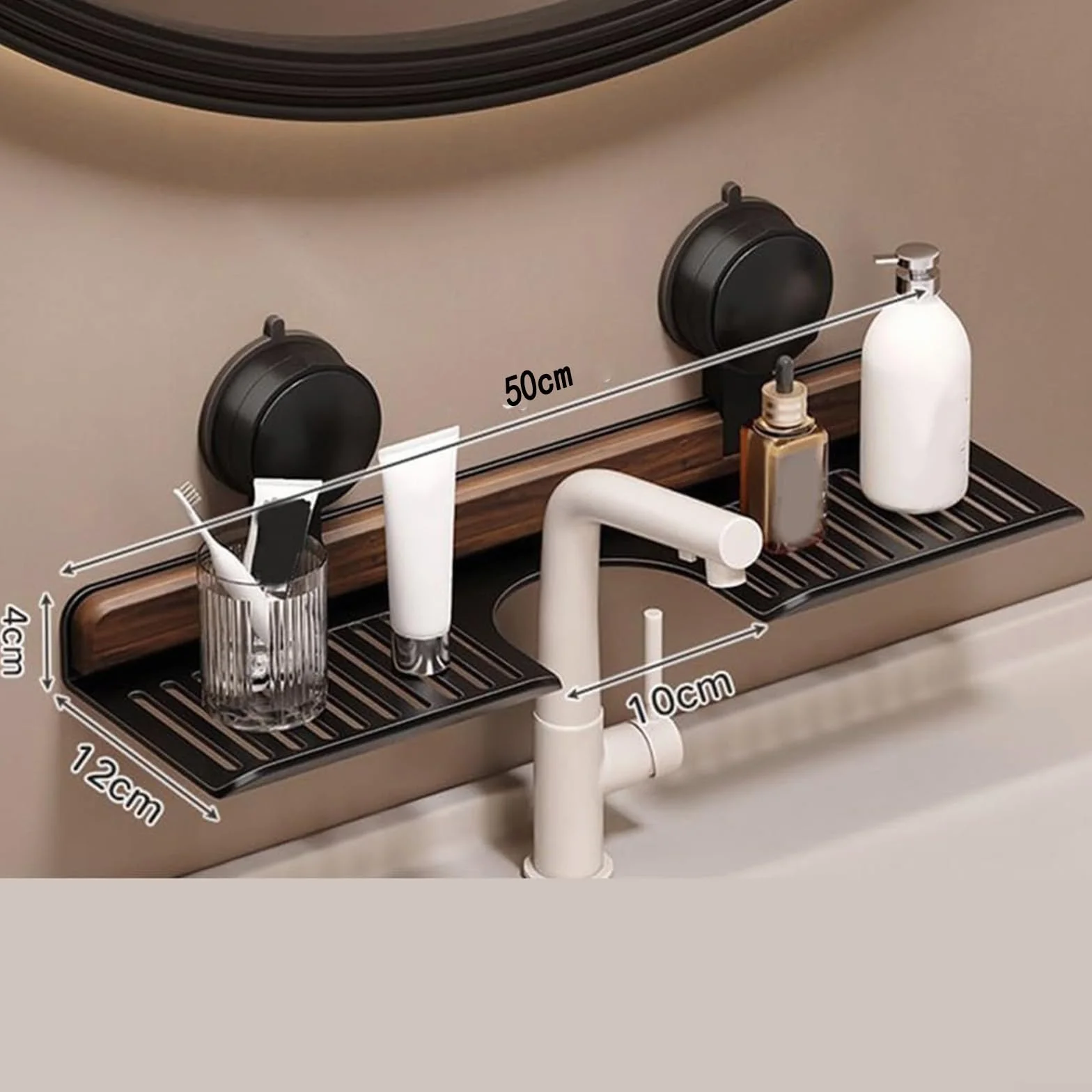 Estante de baño con ventosa, organizador montado en la pared, aleación de aluminio, sin taladrar, con tiras de nogal para baño, caravana, cocina, dormitorio
